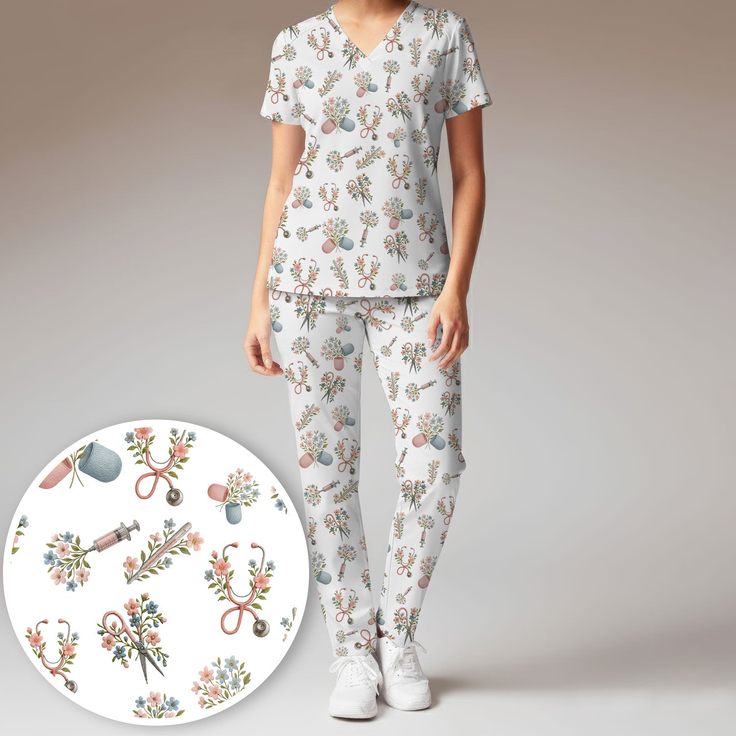 Floral Medical Scrub Set, Elegant Stethoscope With Flower Nursing Shirt, Breathable Fabrics Nurse Uniform