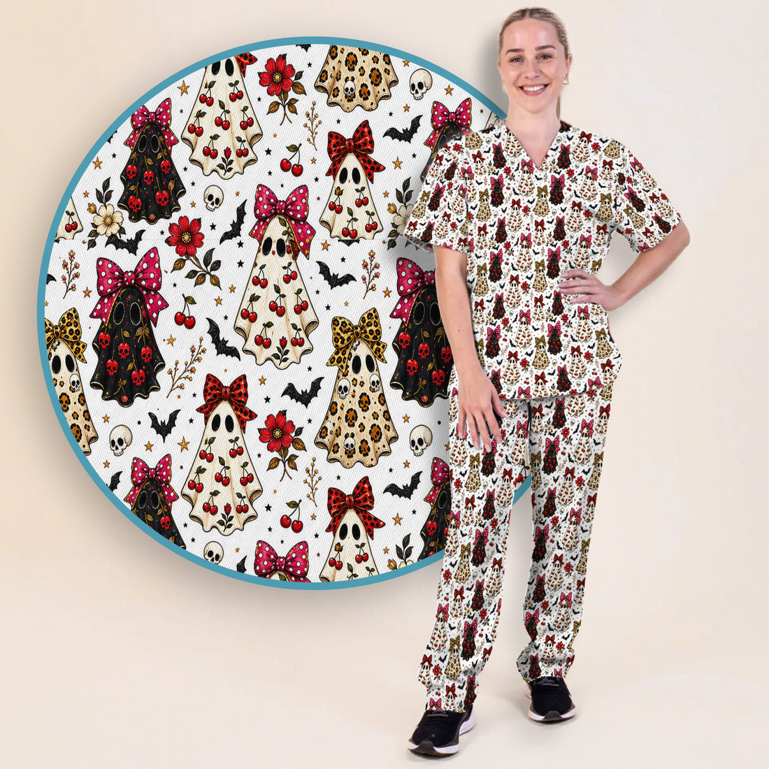 Spooky Halloween Ghost Pattern Scrub Set, Scrub Pants and V Neck Top