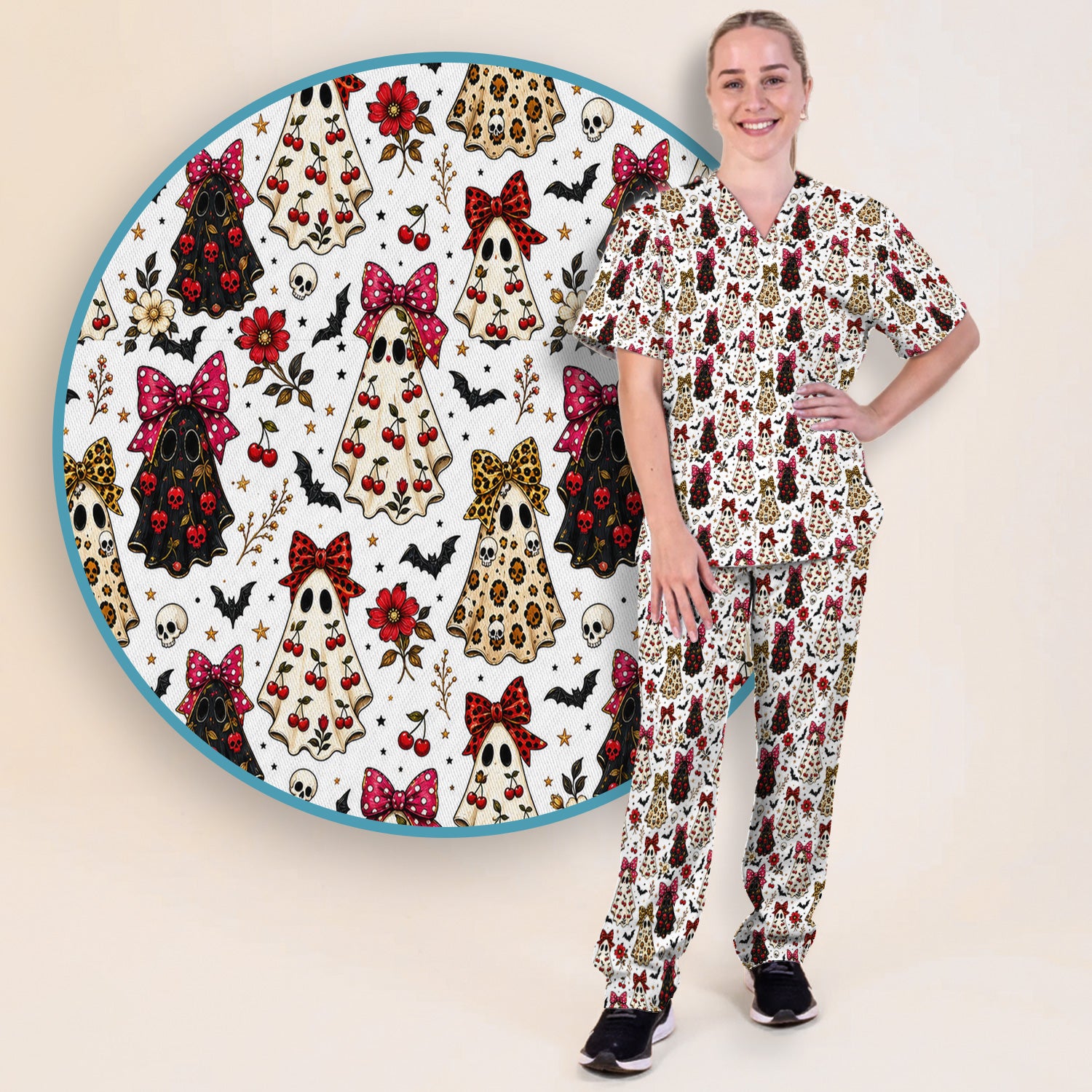 Spooky Halloween Ghost Pattern Scrub Set, Scrub Pants and V Neck Top