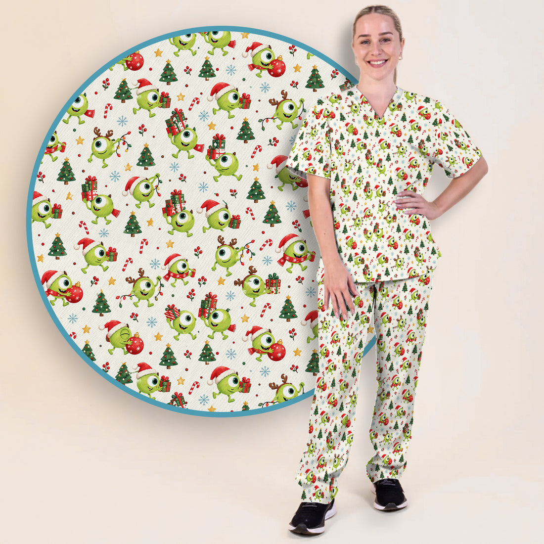 Christmas One Eyed Green Monsters Scrub Set, Scrub Pants and V Neck Top