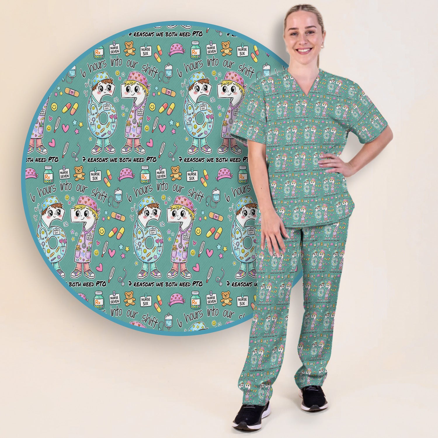 Cartoon Characters Six Hours Into Shift With Medical Doodle Scrub Set, Breathable Med Uniform