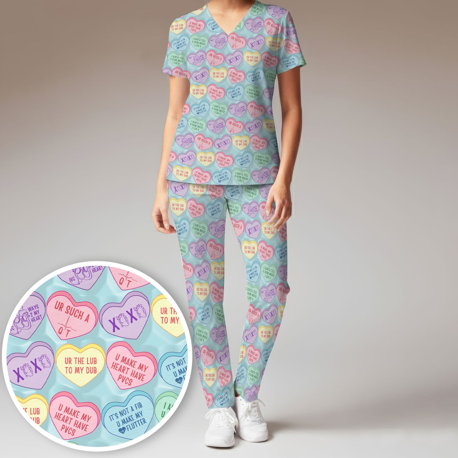 Medical Candy Heart Valentine Pattern Women’s Scrub Sets, Fun Medical Pattern, Breathable Med Uniform
