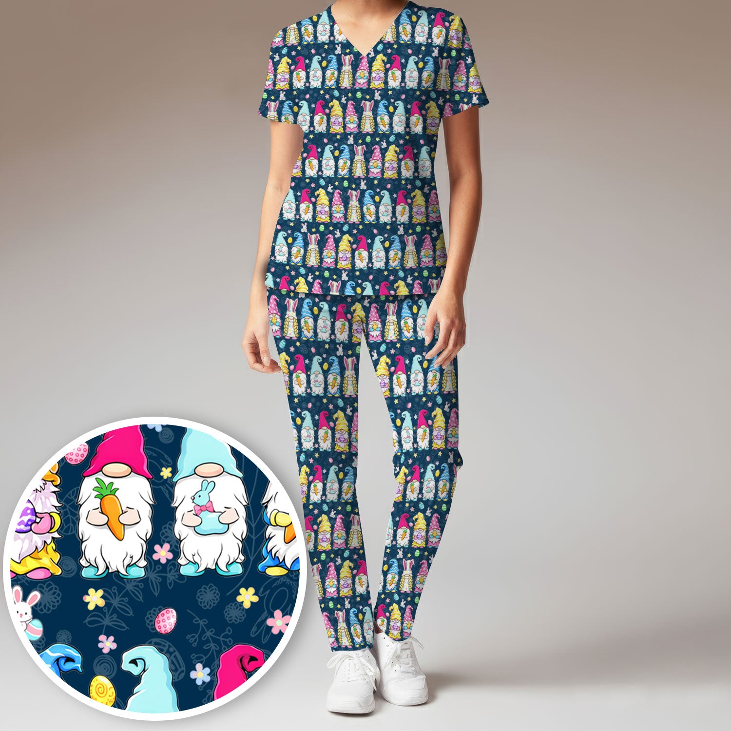 Colorful Easter Gnome Bunny Eggs Pattern Scrub Set, Women's Scrub Sets