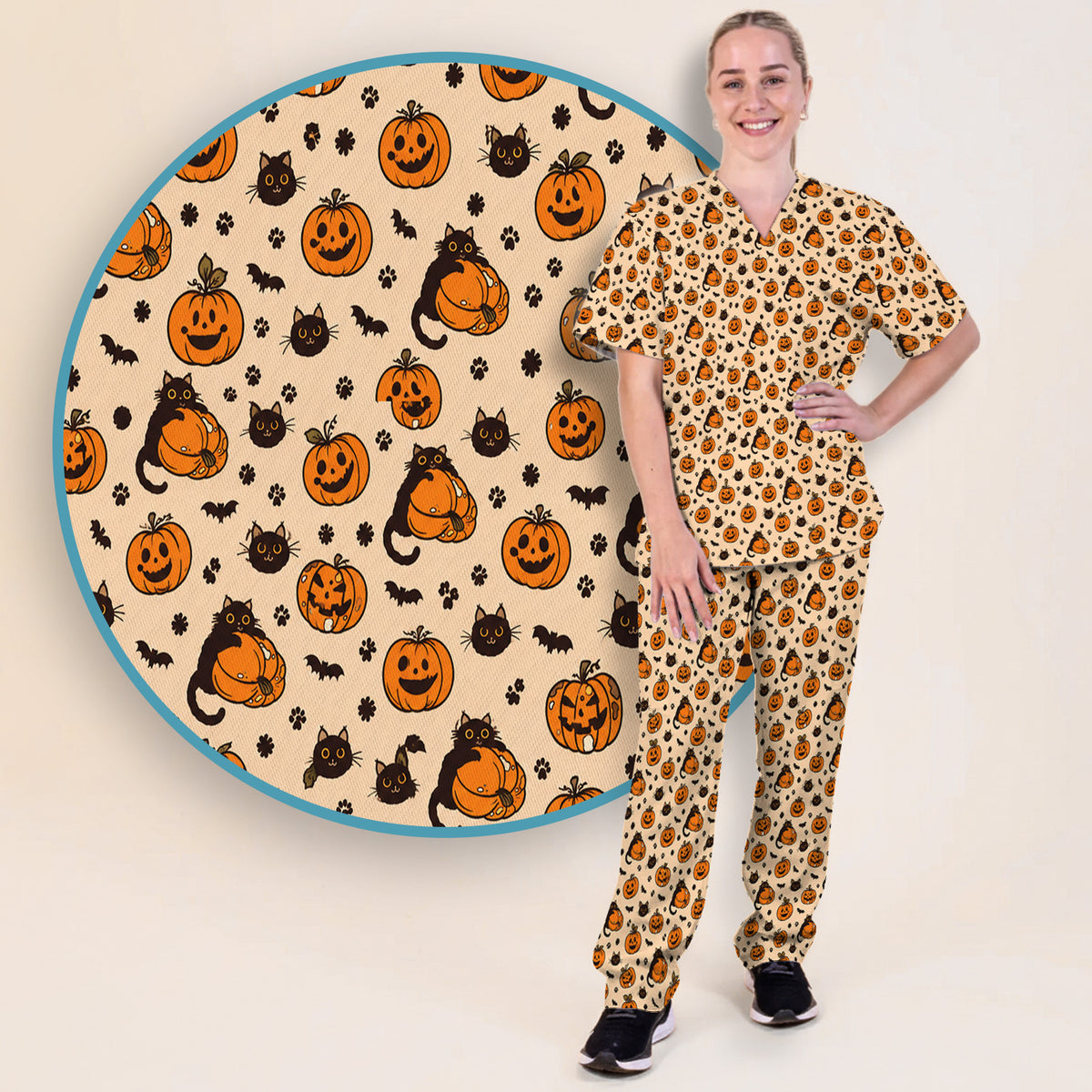 Cute Halloween Black Cat And Pumpkins Scrub Set, Scrub Pants and V Neck Top