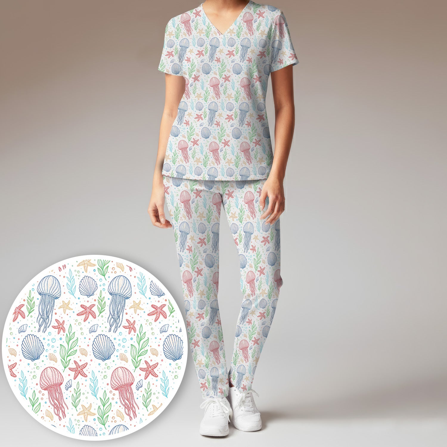 Cute Jellyfish Ocean World  Pattern Scrub Set, Scrub Pants and V Neck Top