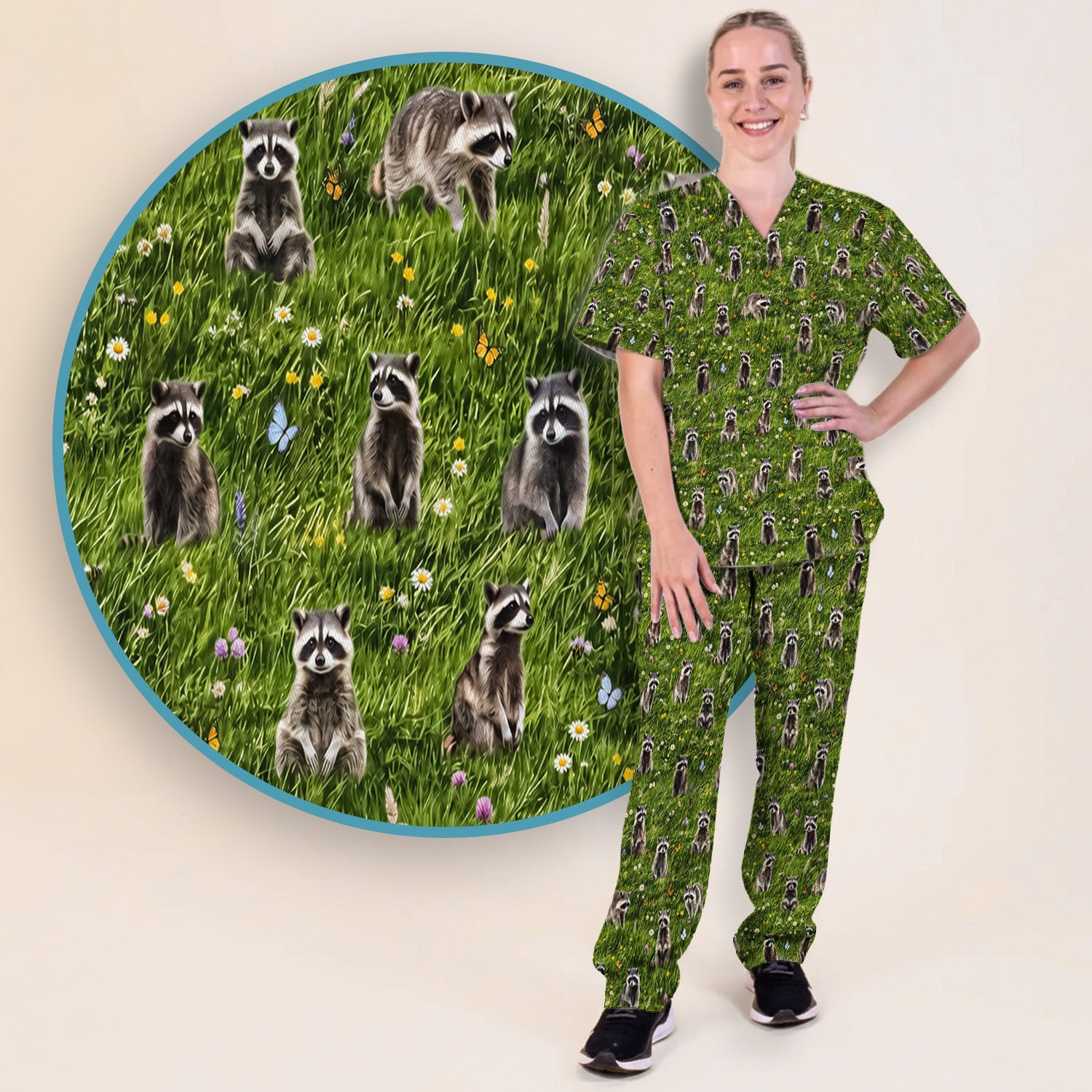 Raccoon Meadow Print Scrub Set, Scrub Pants and V Neck Top
