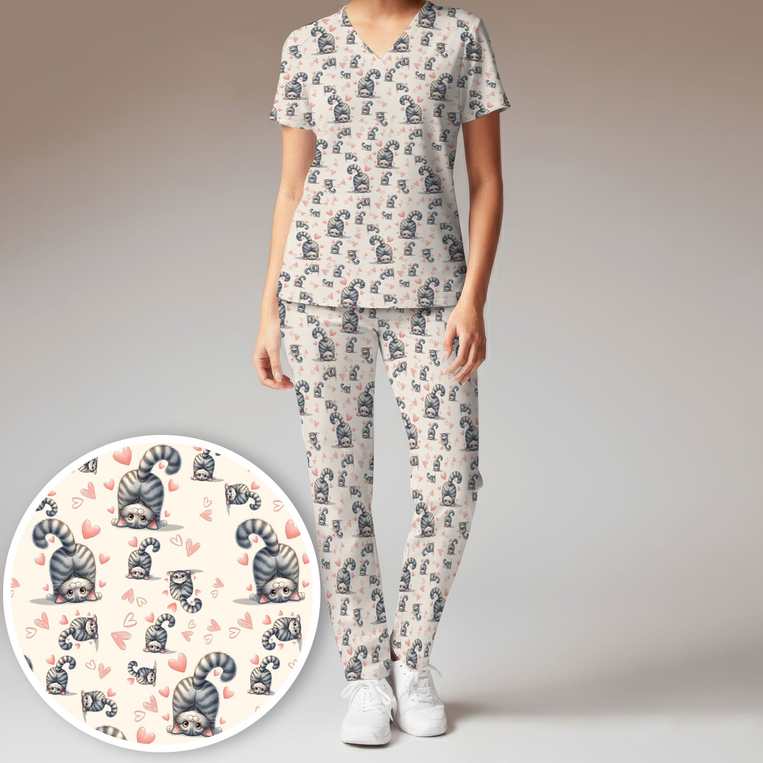 Valentine Cute Cat Scrub Set, Cat Heart Pattern Nurse Uniform, Comfortable Scrubs For Nurses