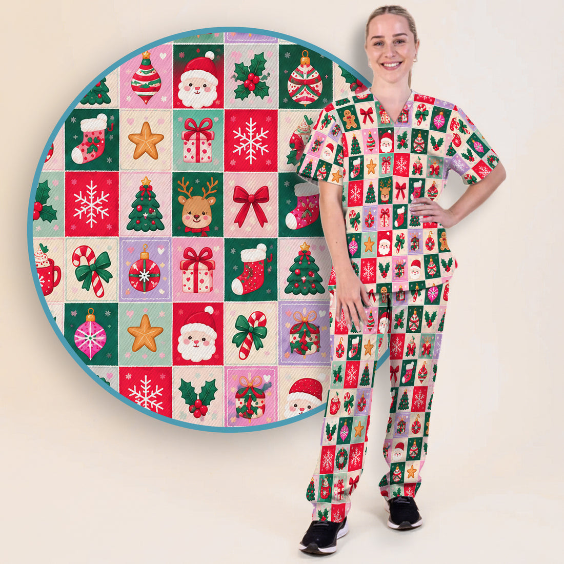 Cute Christmas Santa Patchwork Scrub Set, Scrub Pants and V Neck Top
