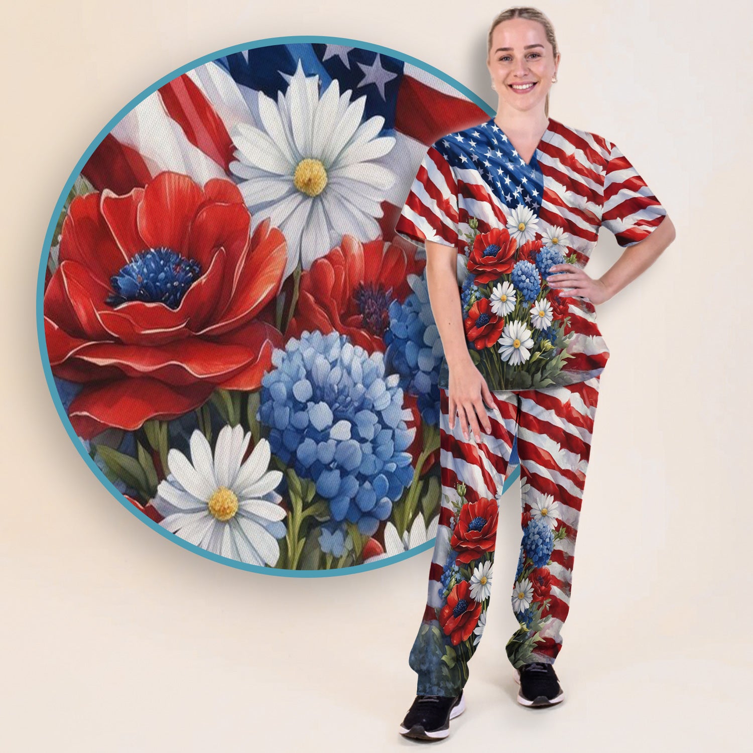 Festive US Flag Floral Bouquet Pattern Scrub Set, Scrub Pants and V Neck Top