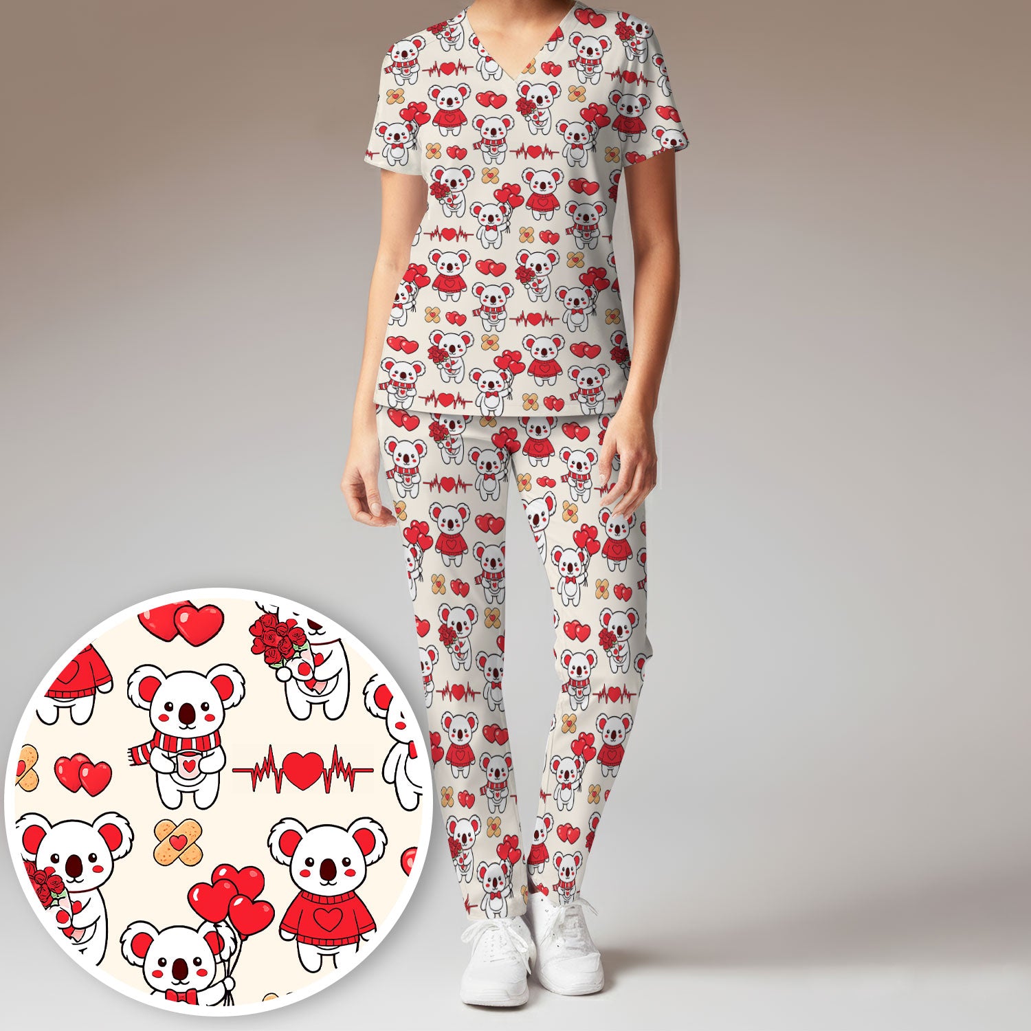 Sweet Koala Valentine Medical Design Scrub Set, Breathable Med Uniform