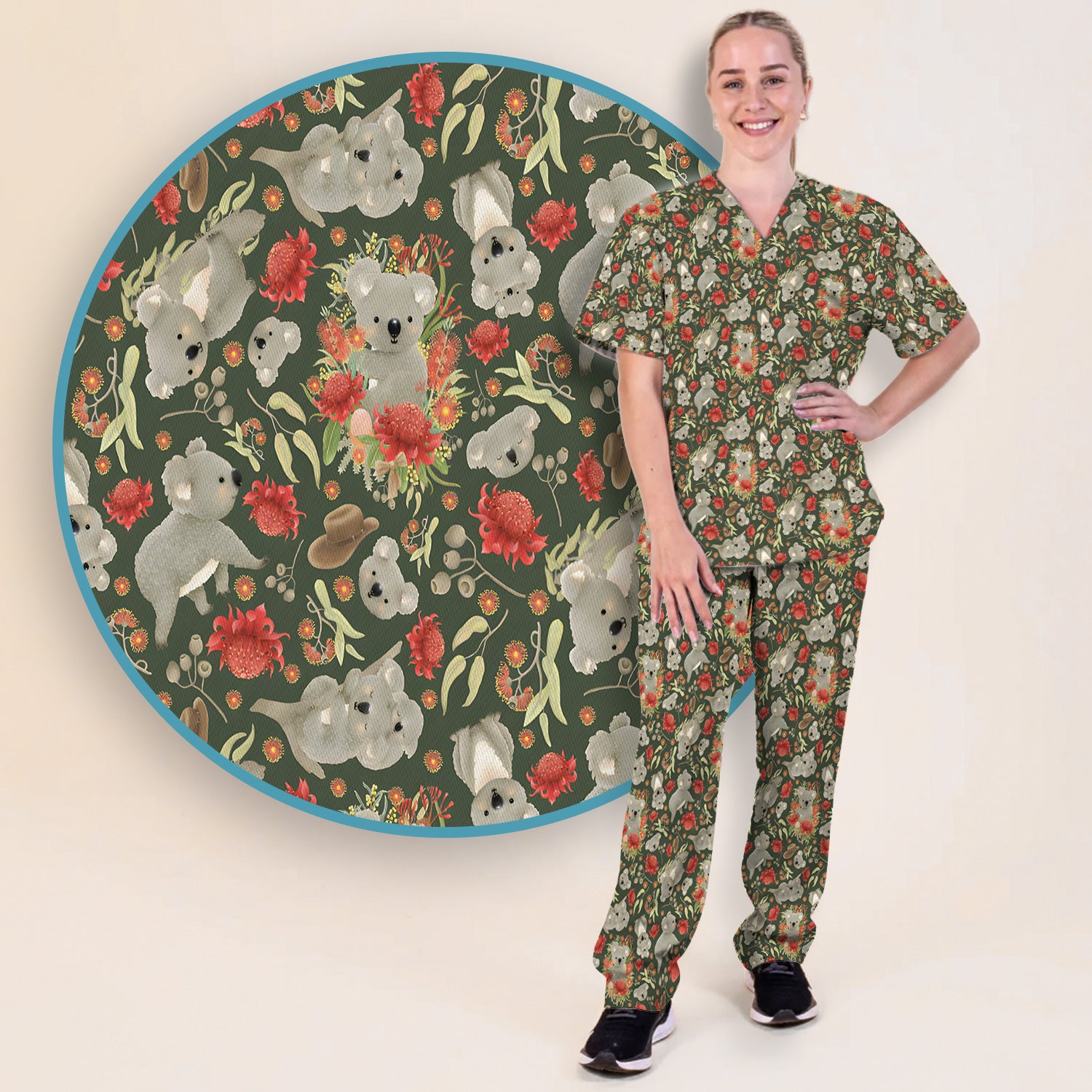 Cute Koala Wildflower Pattern Scrub Set, Scrub Pants and V Neck Top