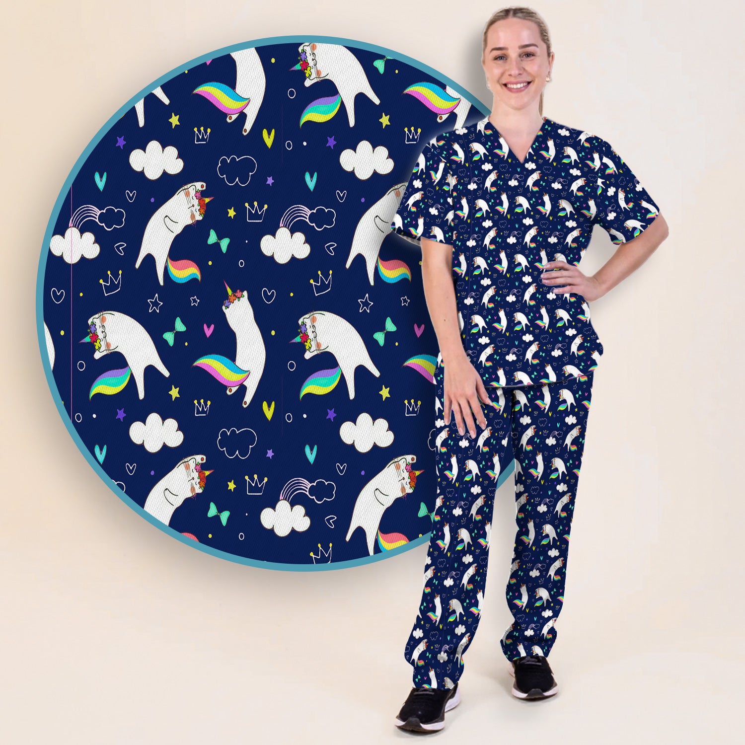 Unicorn Cat With Rainbow Tail Clouds Scrub Set, Scrub Pants and V Neck Top