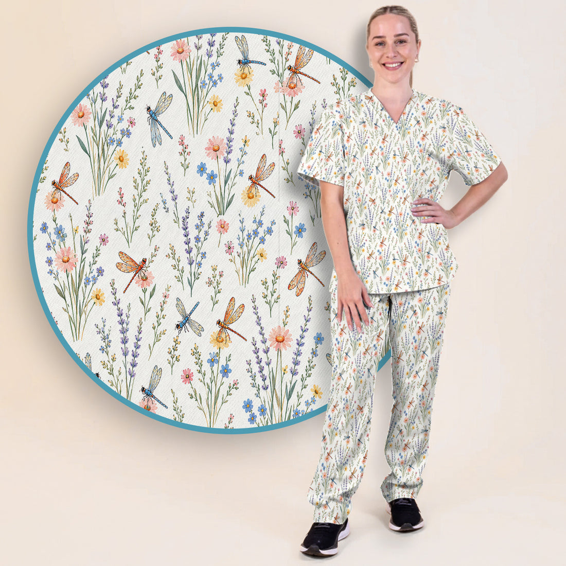 Dragonfly Wildflower Meadow Pattern Scrub Set, Scrub Pants and V Neck Top