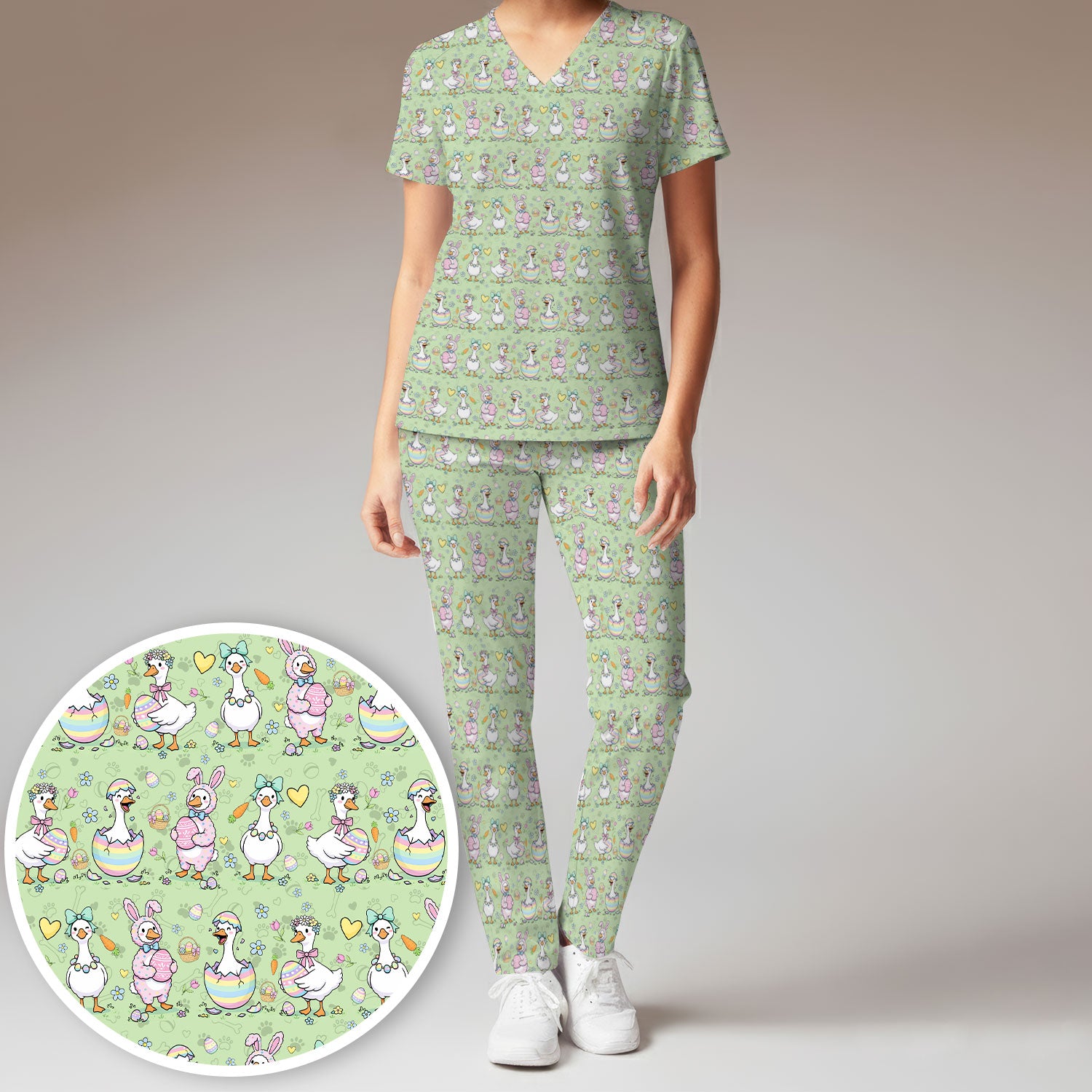 Spring Easter Goose and Bunny Print Scrub Set, Breathable Med Uniform