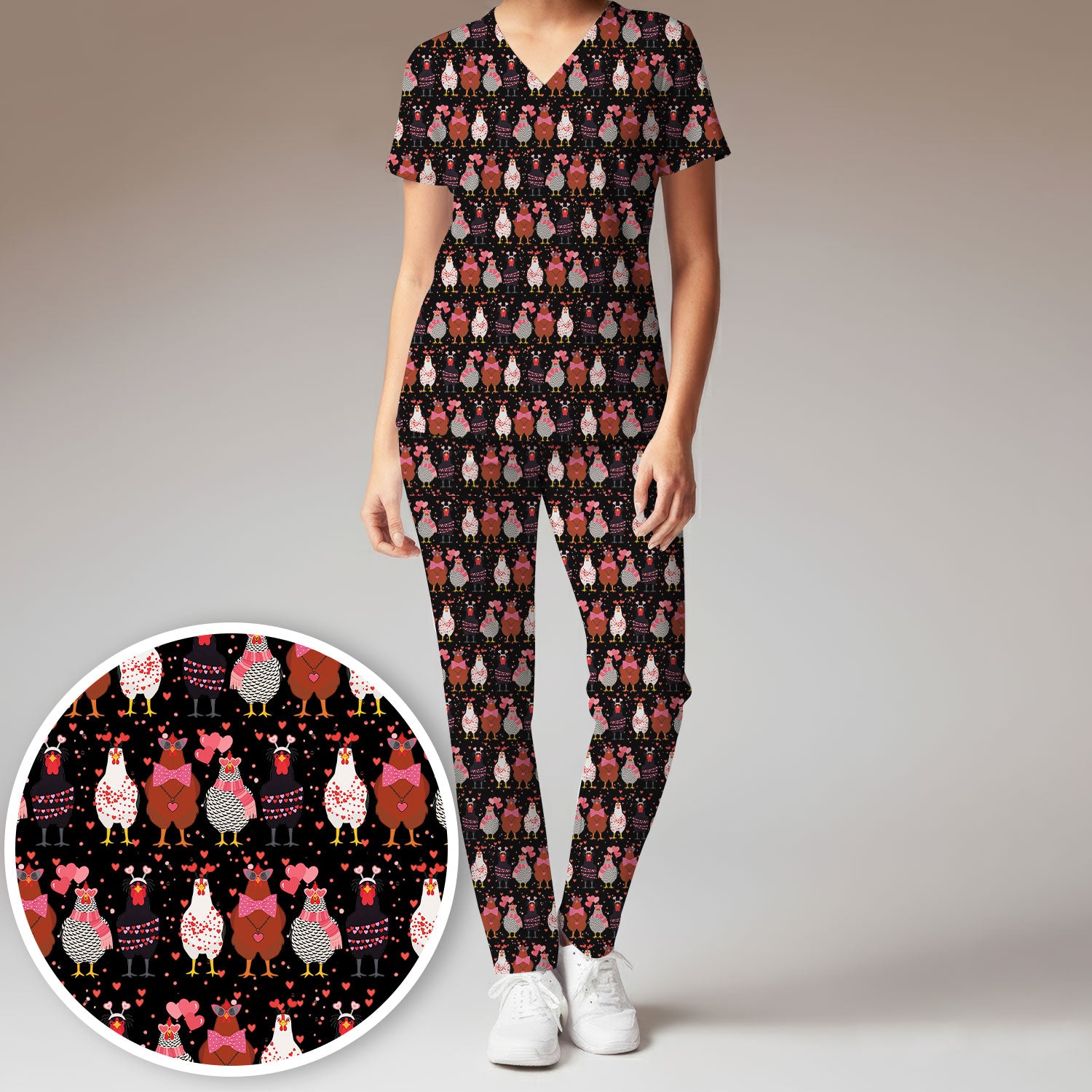 Funny Chicken Valentine Scrub Set, Chicken Pattern Scrub Shirt For Nursing, Valentine Gift For Nurse