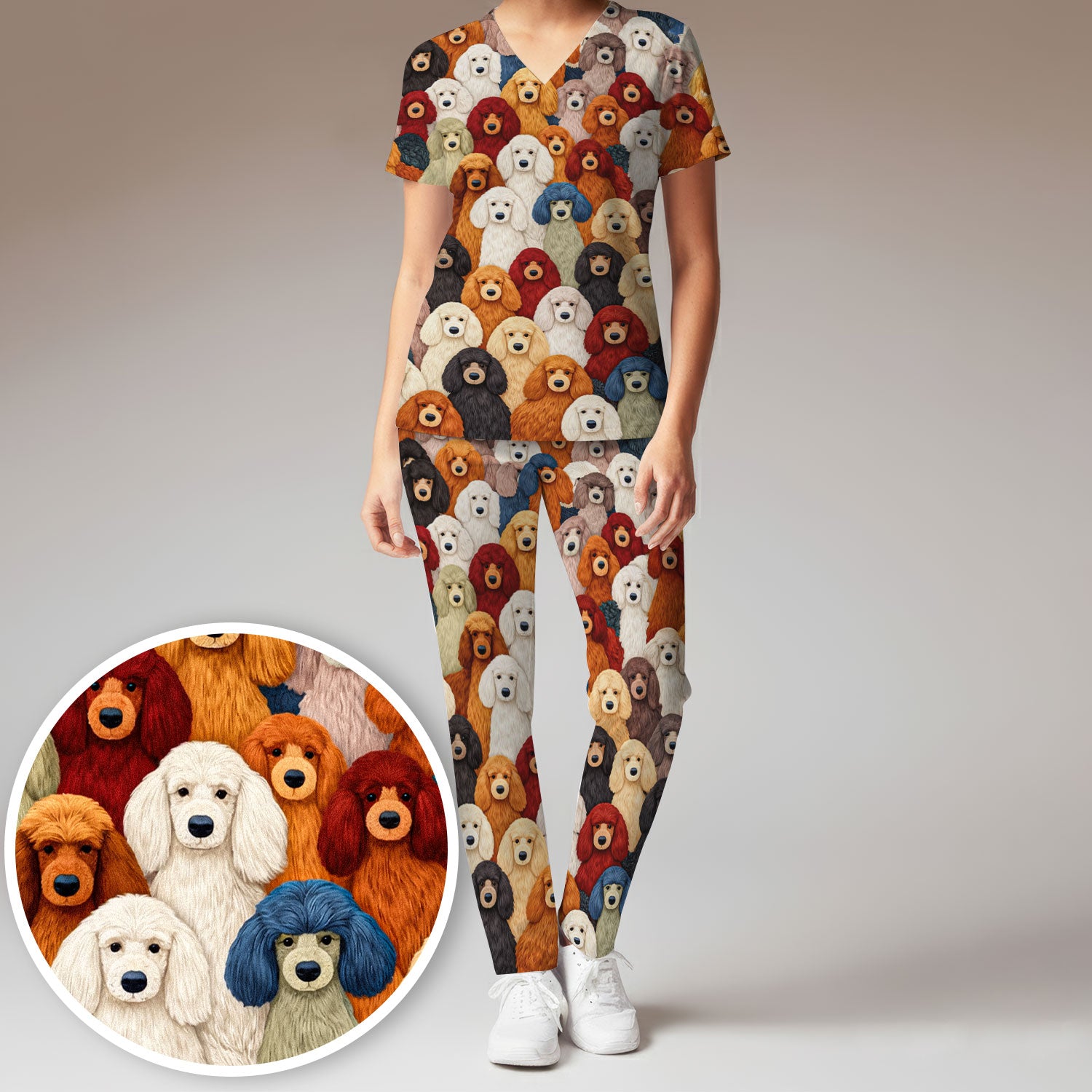Multicolor Poodle Dog Pattern Scrub Set, Scrub Pants and V Neck Top