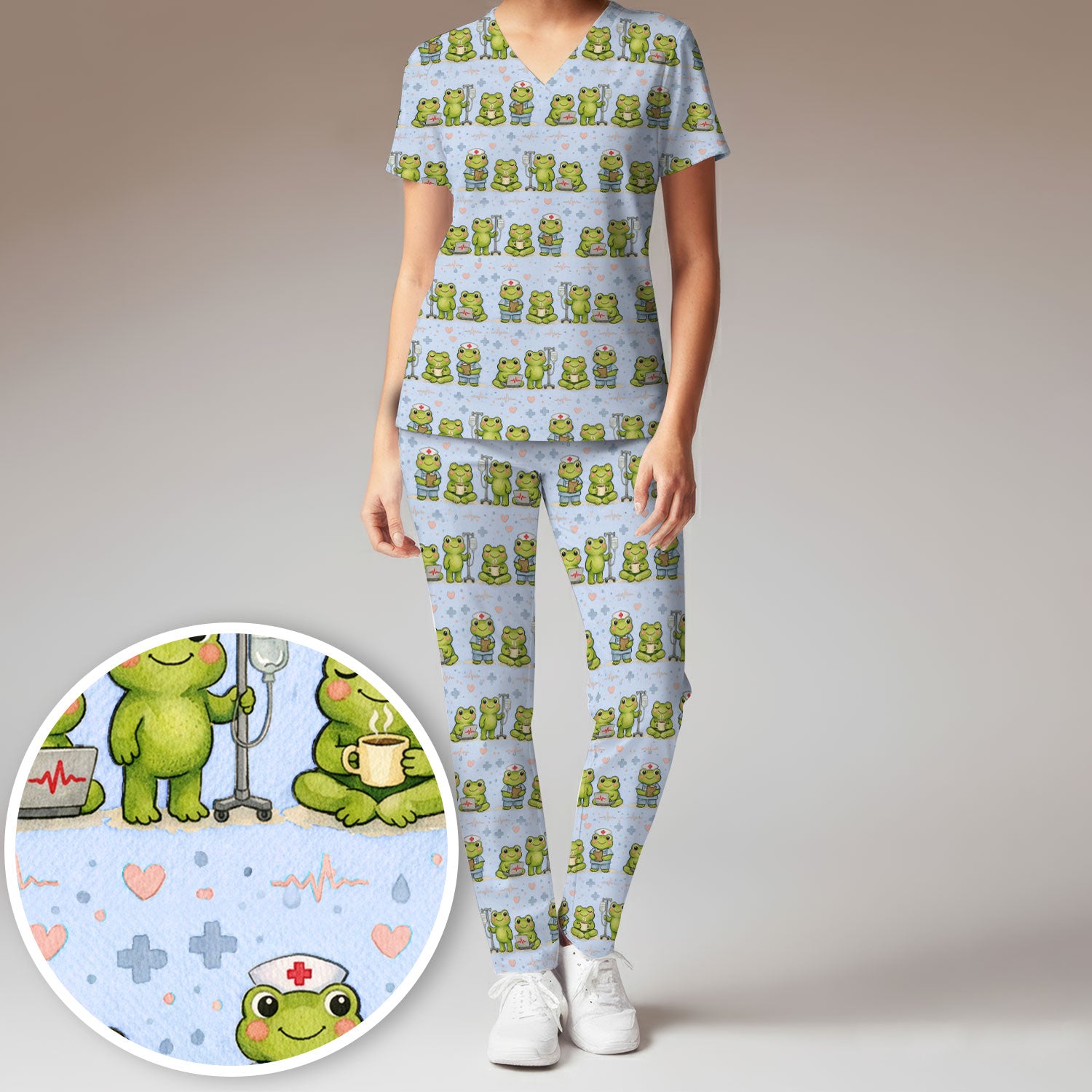 Adorable Frog Nurse Various Poses Print Scrub Set, Breathable Med Uniform