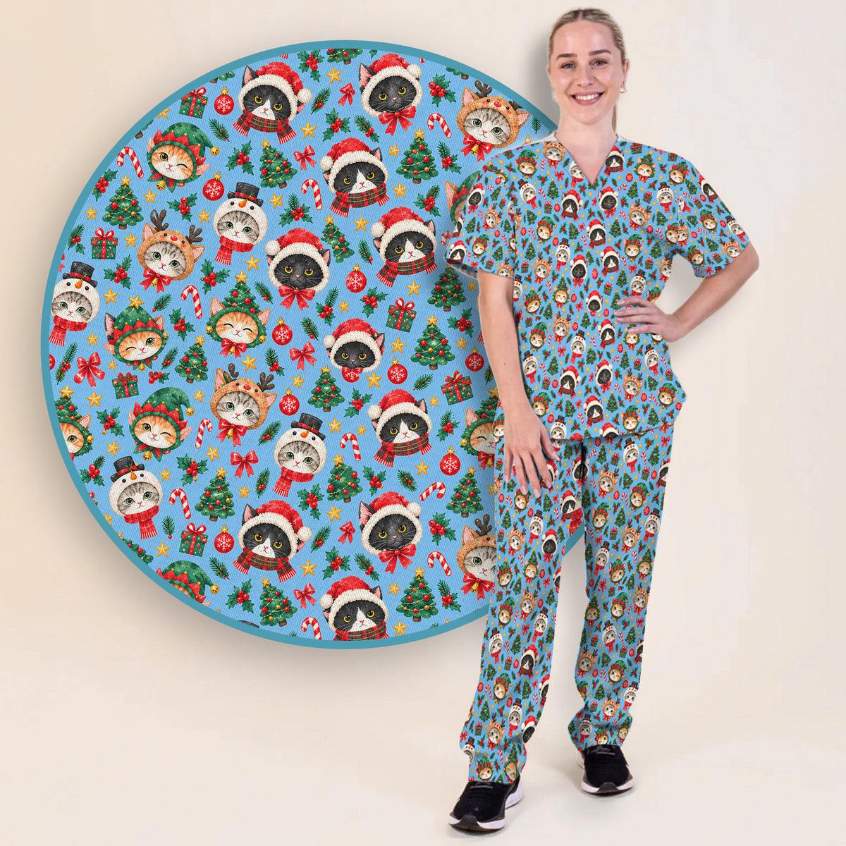 Christmas Cats And Trees Pattern Scrub Set, Scrub Pants and V Neck Top