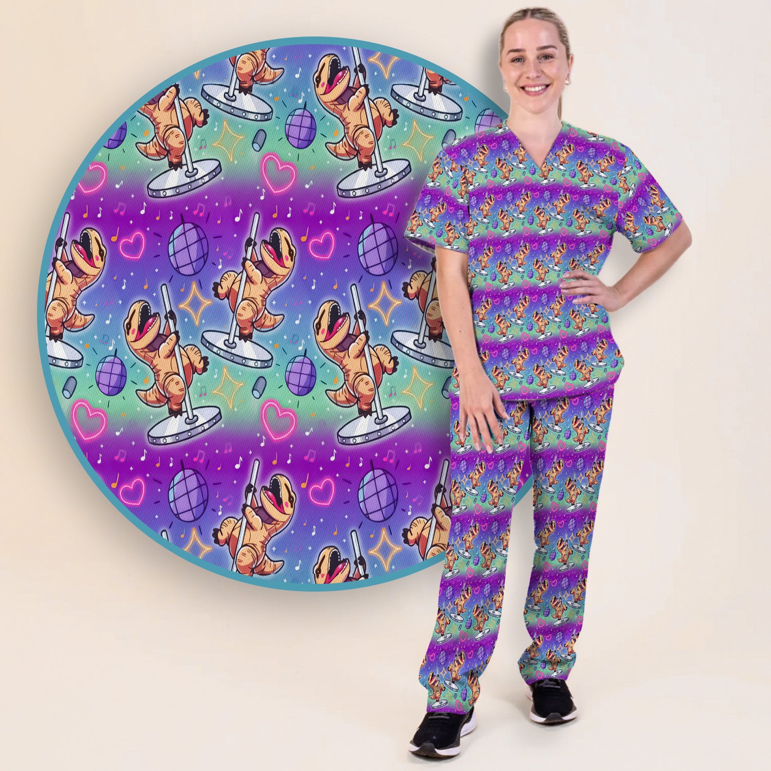 Funny Dancing Dinosaur Disco Party Pattern Nurse Scrub Set, Scrub Pants and V Neck Top
