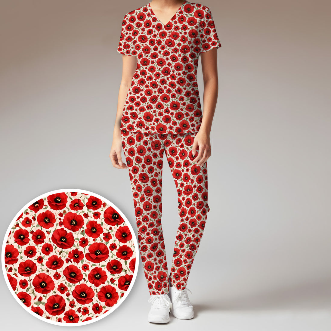Pretty Red Poppy Flower Garden Pattern Scrub Set, Scrub Pants and V Neck Top