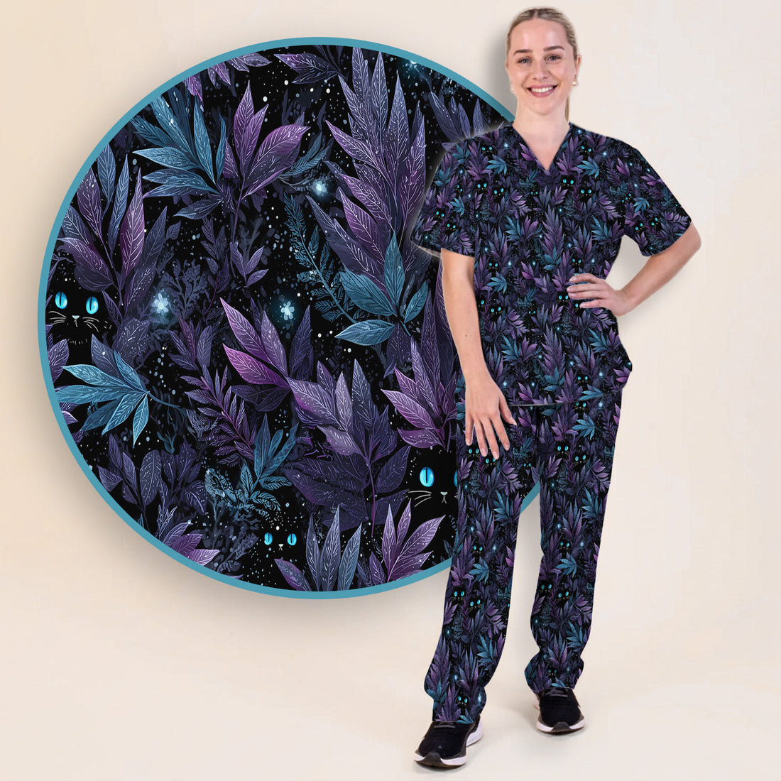Mystic Black Cat Veterinary Pattern Scrub Set, Scrub Pants and V Neck Top