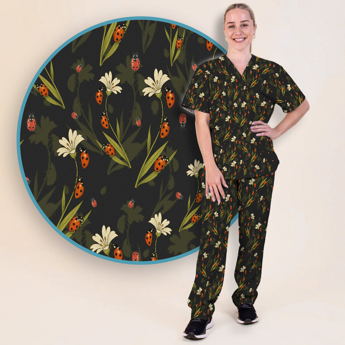 Fresh Daisy Ladybug Garden Pattern Scrub Set, Nurse Uniform Scrubs Set