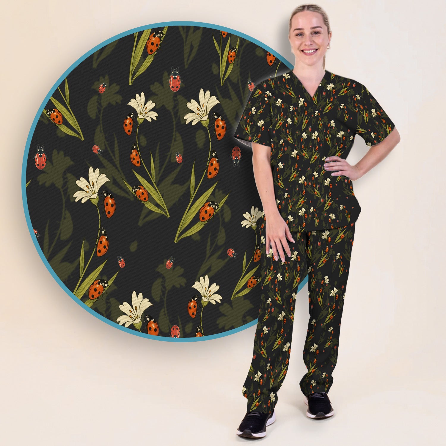 Fresh Daisy Ladybug Garden Pattern Scrub Set, Nurse Uniform Scrubs Set