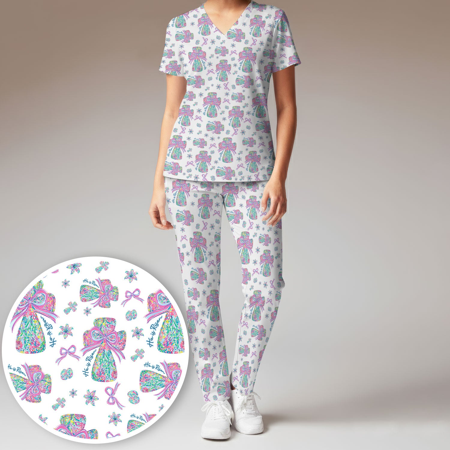 Colorful Bow Pattern Women's Scrub Sets, Breathable Med Uniform
