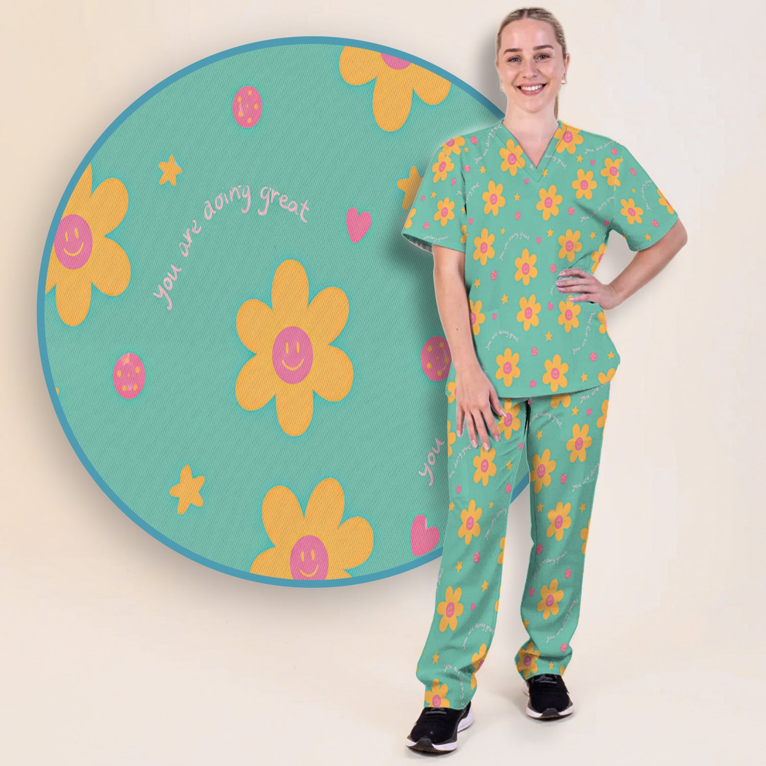 Cheerful Smiley Flower Pattern, Positive Medical Scrub Set, Scrub Pants and V Neck Top