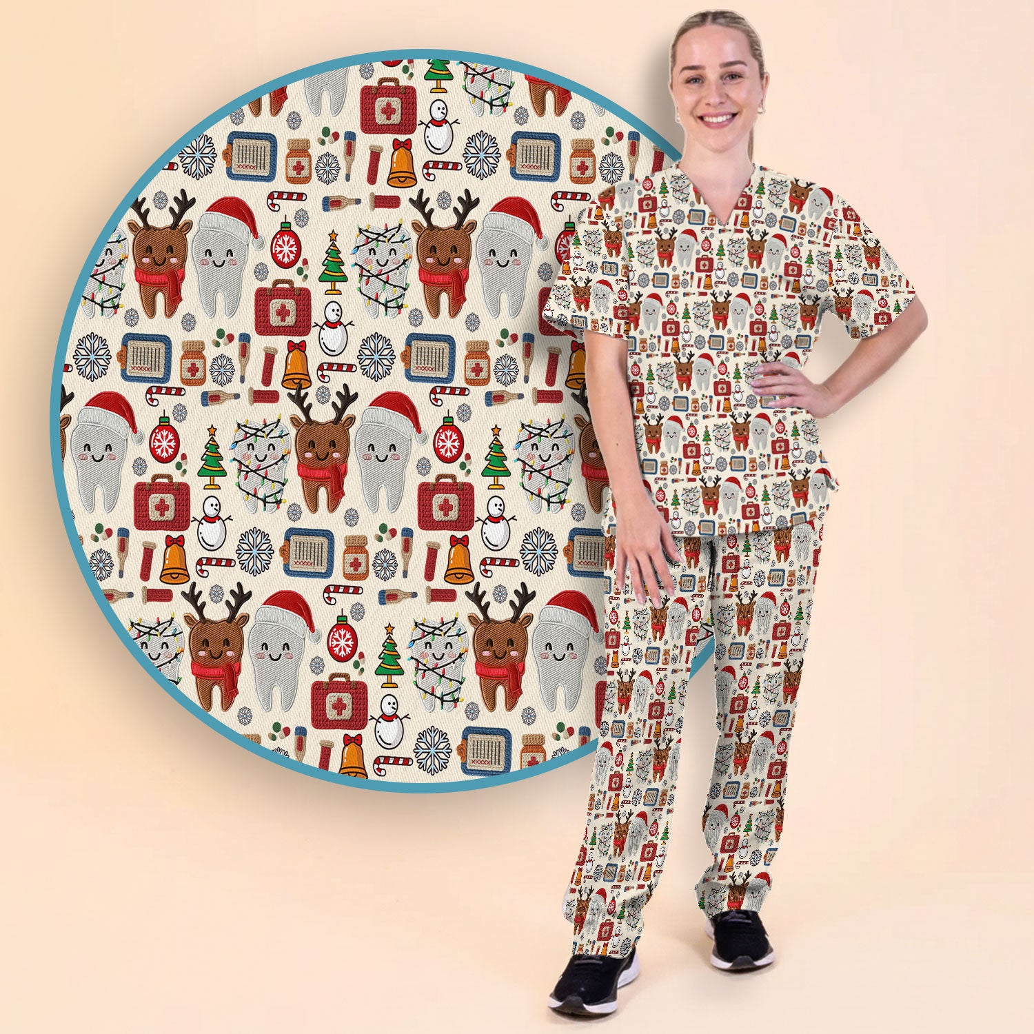 Christmas Dental Scrub Set - Cute Santa & Reindeer Tooth Pants and V Neck Top - Funny Gift for Dentists, Hygienists, Nurses