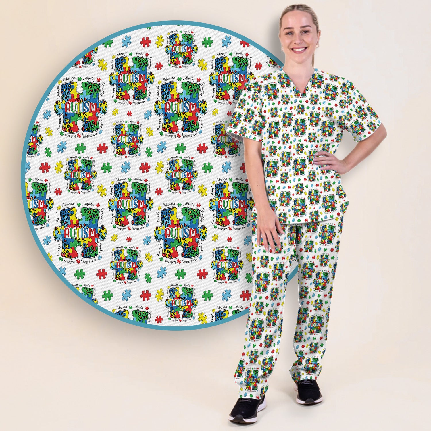 Autism Awareness Puzzle Pattern Scrub Set, Scrub Pants and V Neck Top