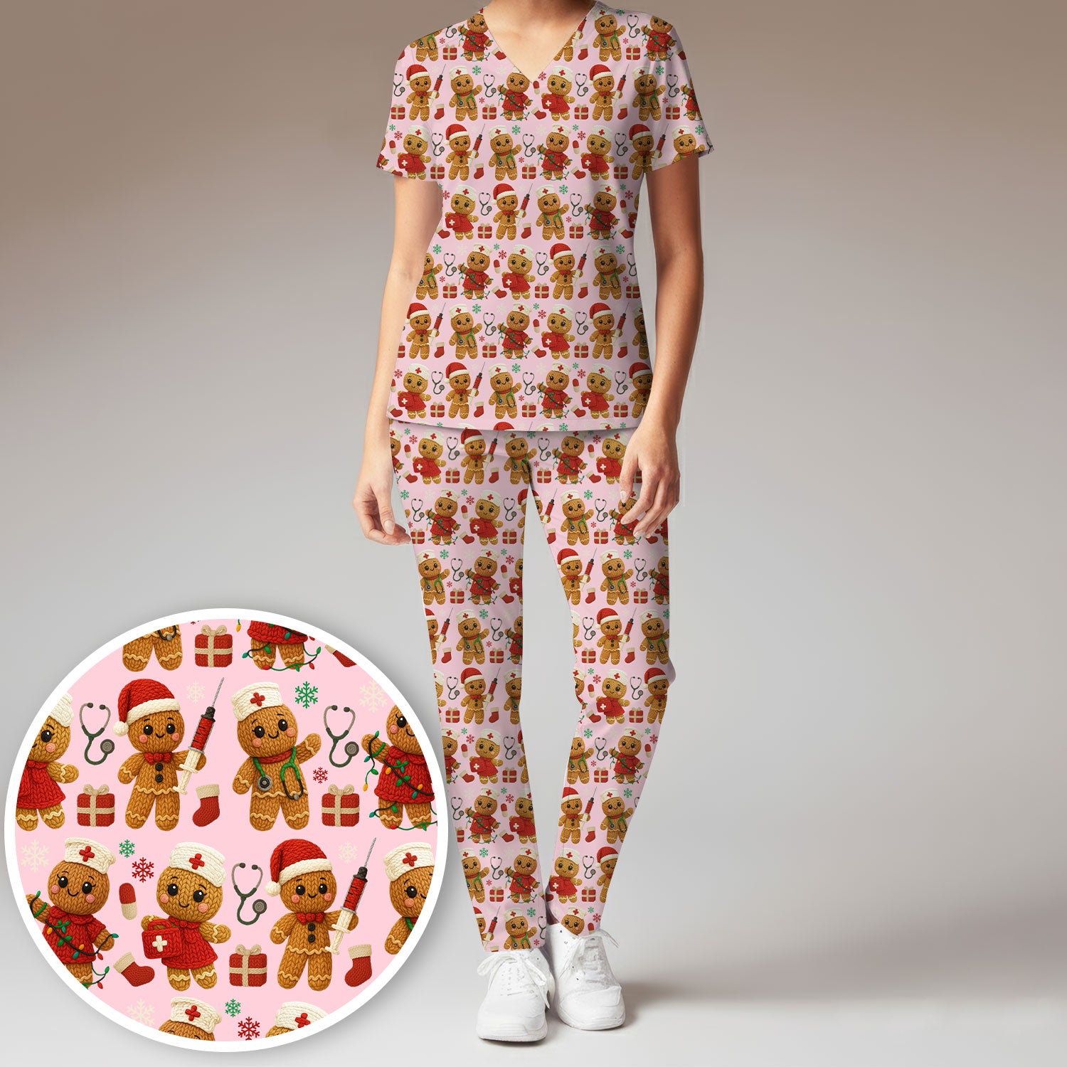 Cute Gingerbread Nurse Scrubs for Women - Christmas Pattern Scrub Top & Pants - Festive Holiday Scrubs with Charming Gingerbread Design