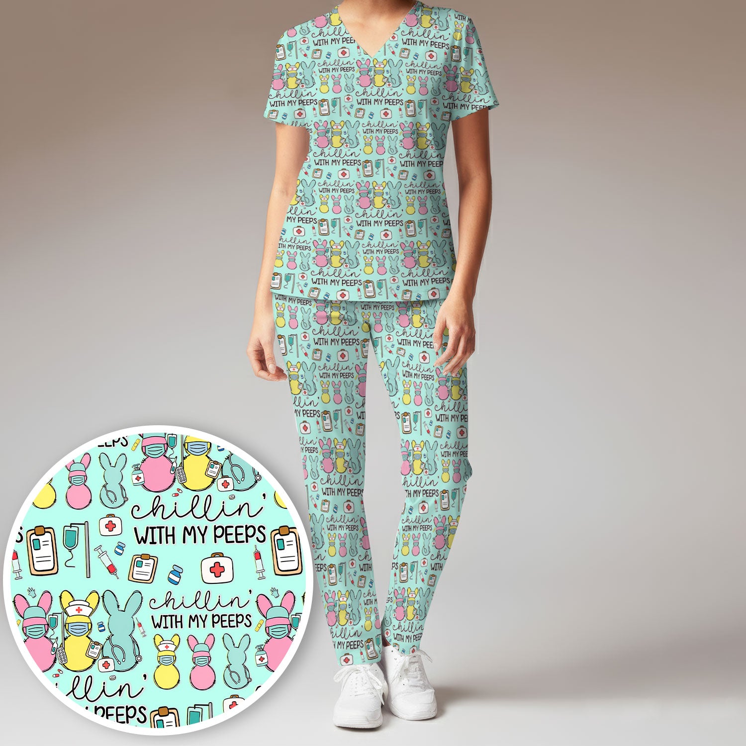 Cute Bunny Nurse Chillin With My Peeps Scrub, Women's Scrub Sets