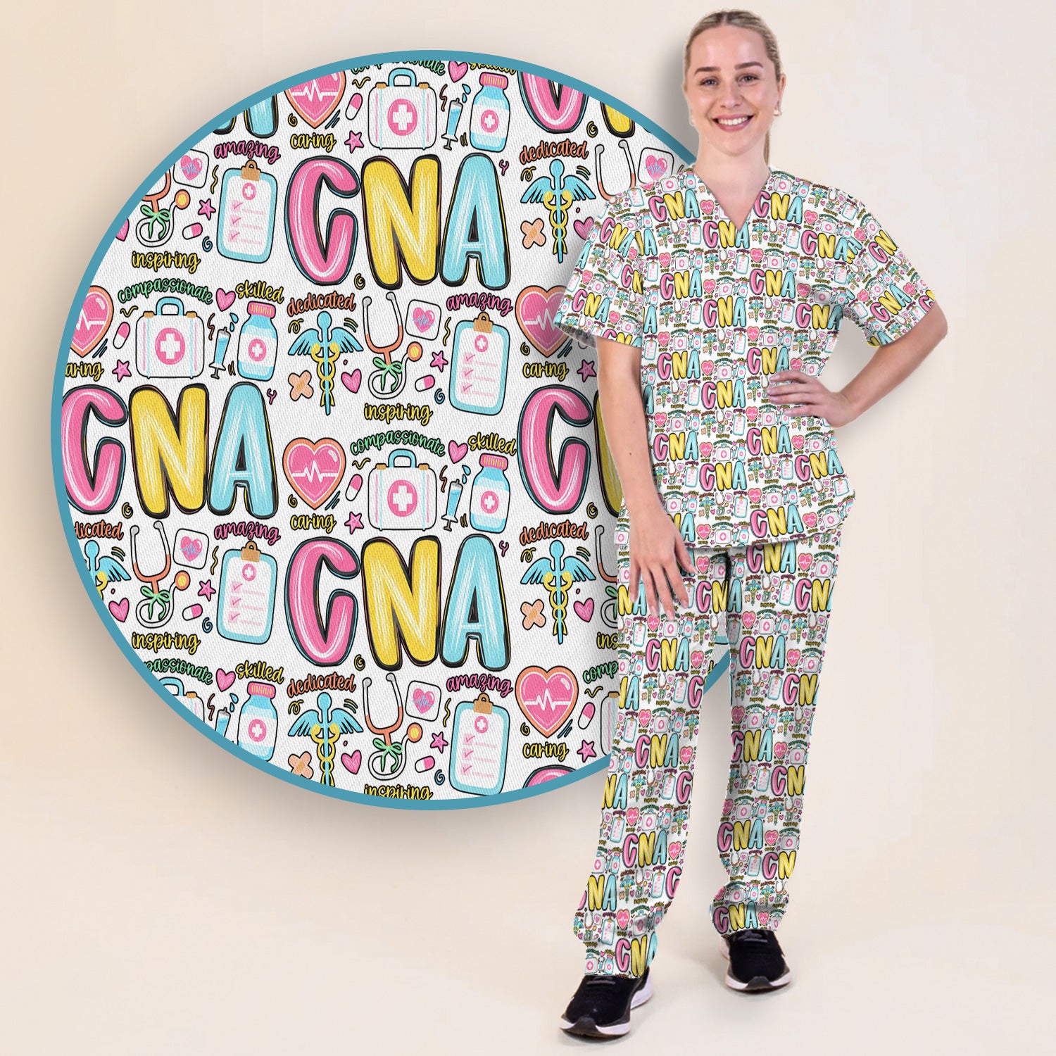 CNA Nurse Appreciation Pattern Scrub Set, Breathable Med Uniform