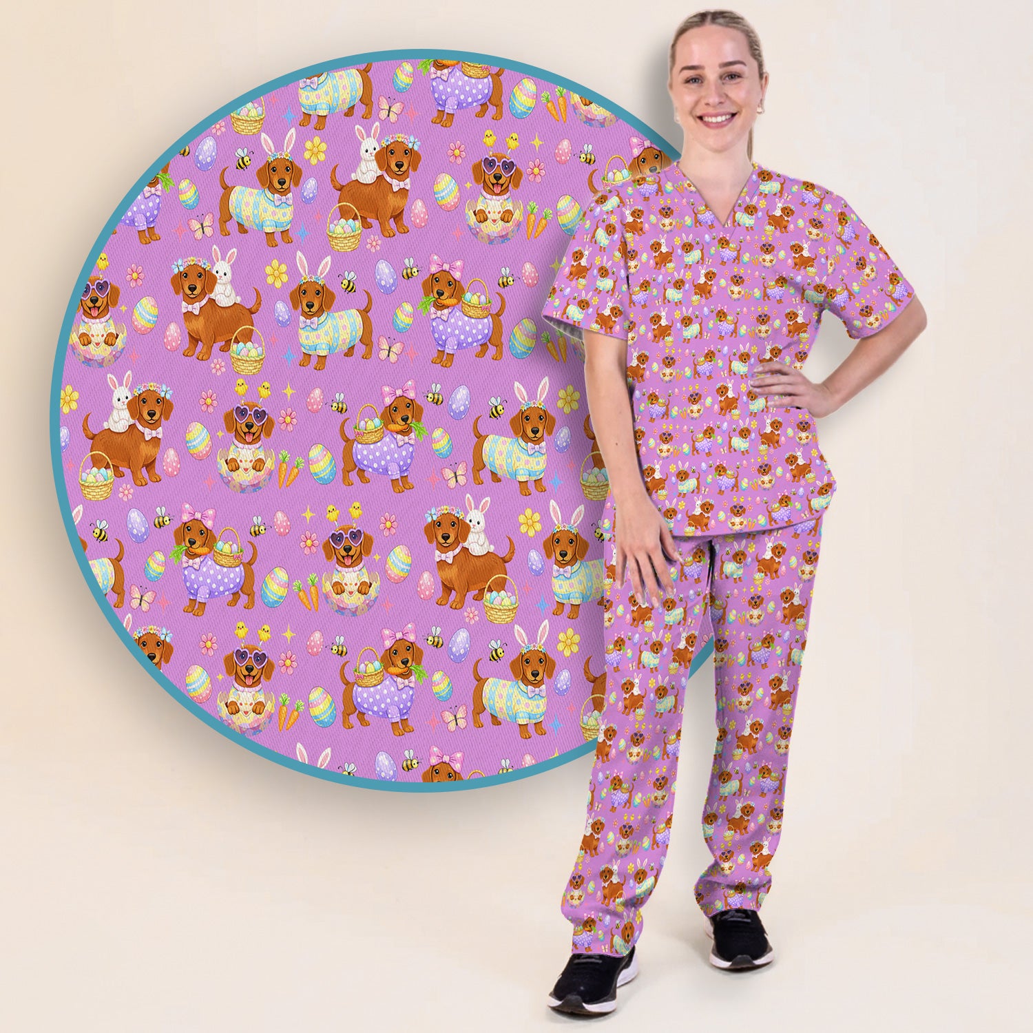 Cute Easter Dachshund Dog Pattern Scrub Set, Scrub Pants and V Neck Top
