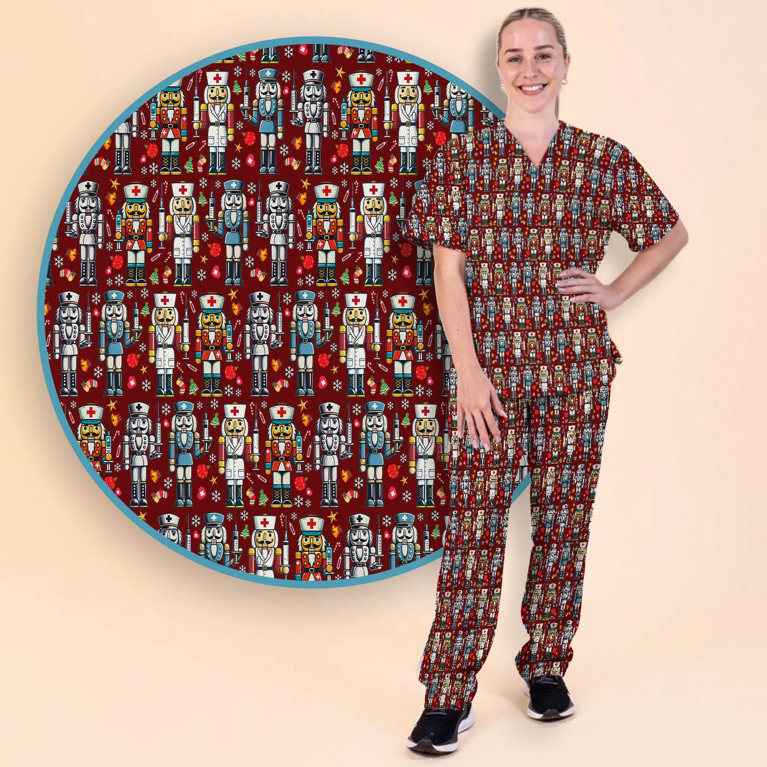 Funny Nutcracker Christmas Scrub Set – Cute Holiday Nurse Pattern Shirt – Festive Medical Uniform for RN, LPN, CNA, and Healthcare Workers