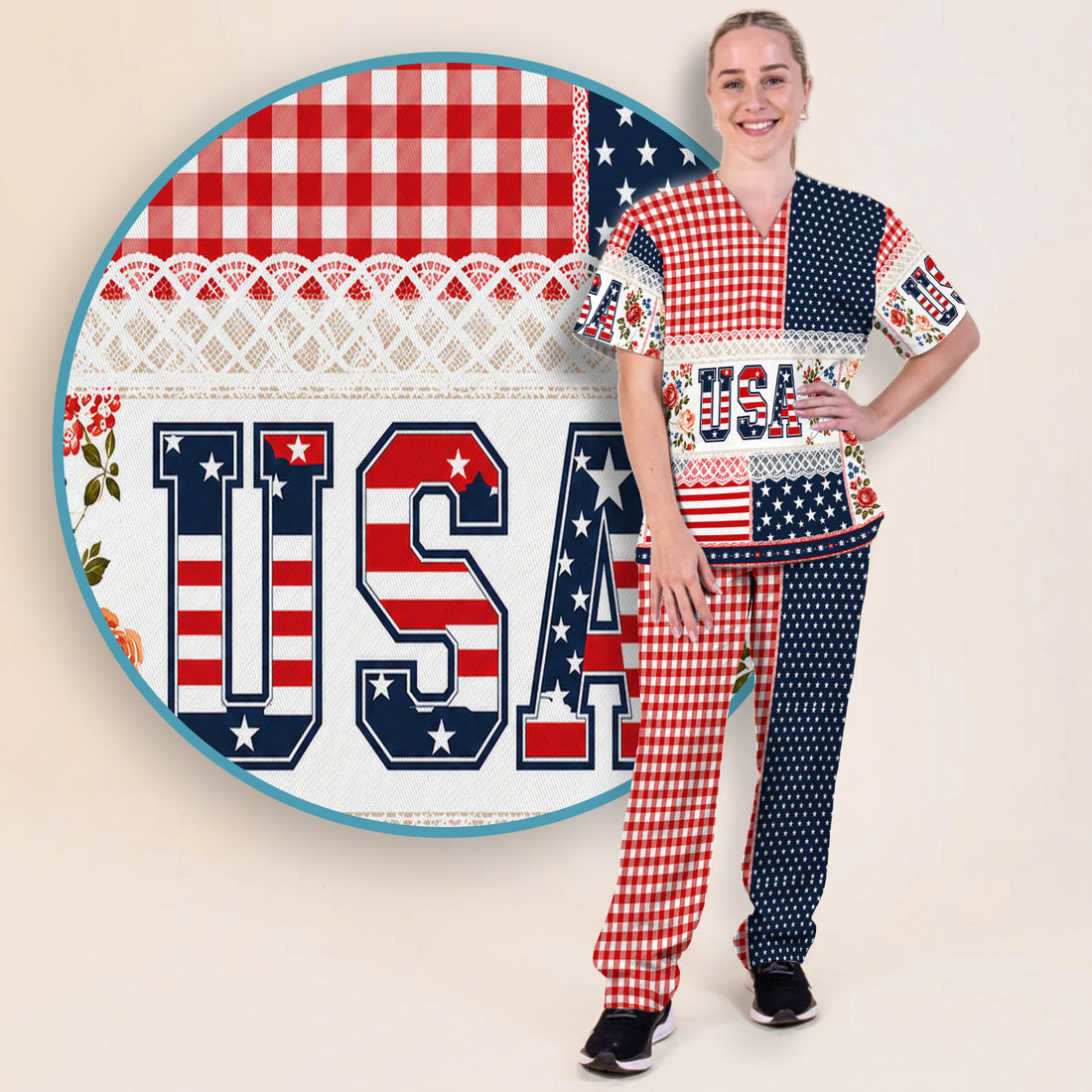 Patriotic Patchwork with USA Flag Pattern Scrub Set, Scrub Pants and V Neck Top