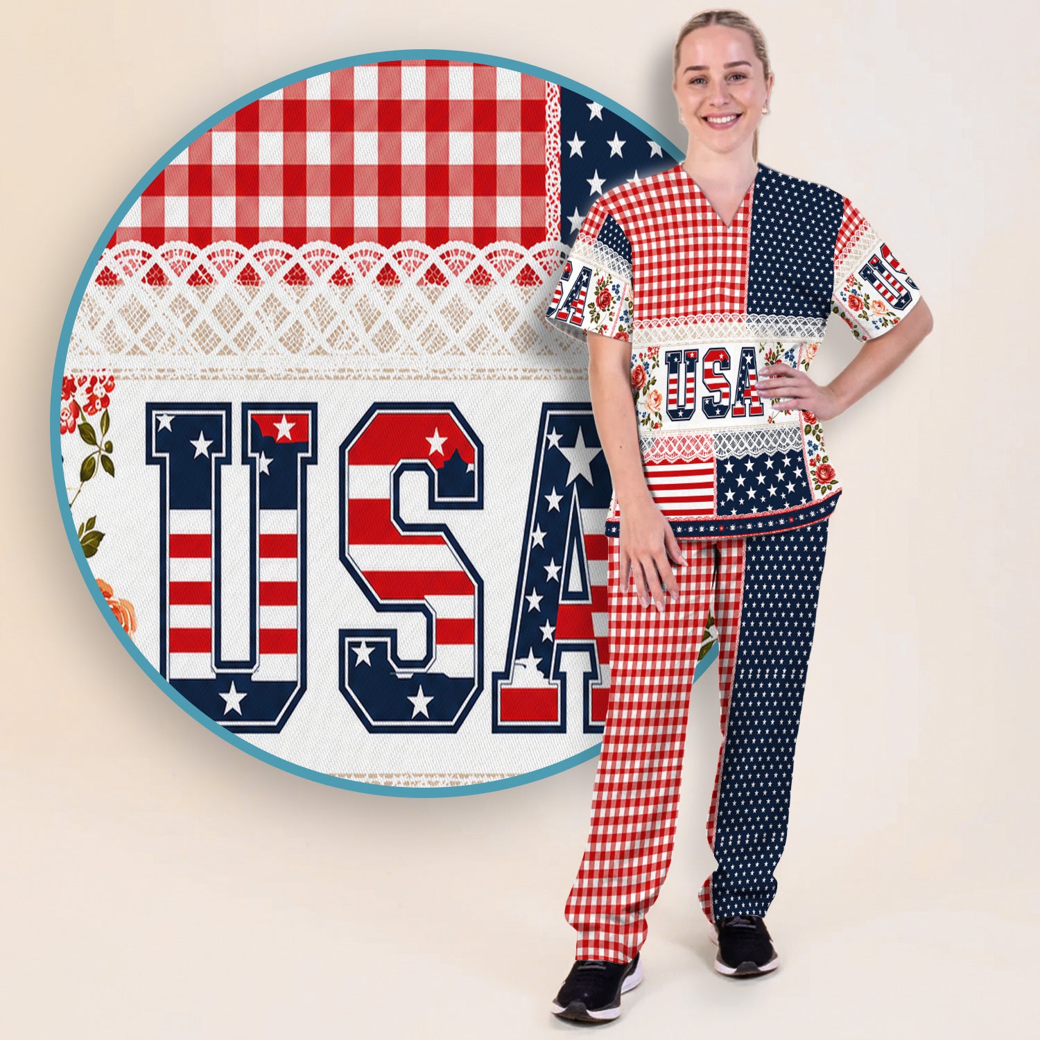 Patriotic Patchwork with USA Flag Pattern Scrub Set, Scrub Pants and V Neck Top