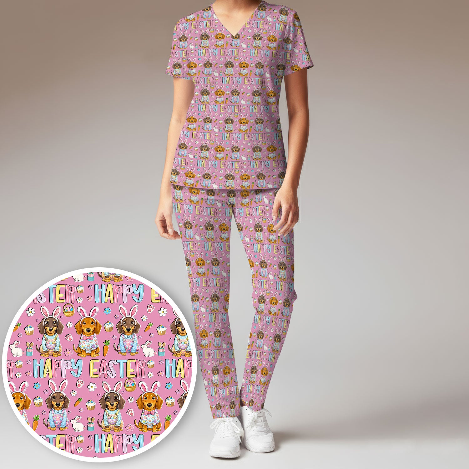 Happy Easter Dachshund Puppy Pattern Scrub Set, Breathable Med Uniform