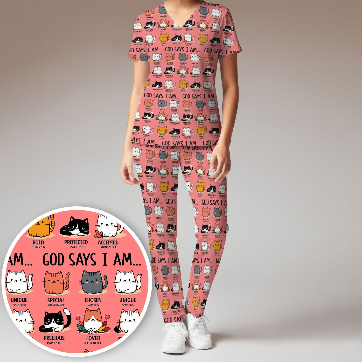 Cute Christian Cat God Says I Am Women's Scrub Set, Breathable Med Uniform