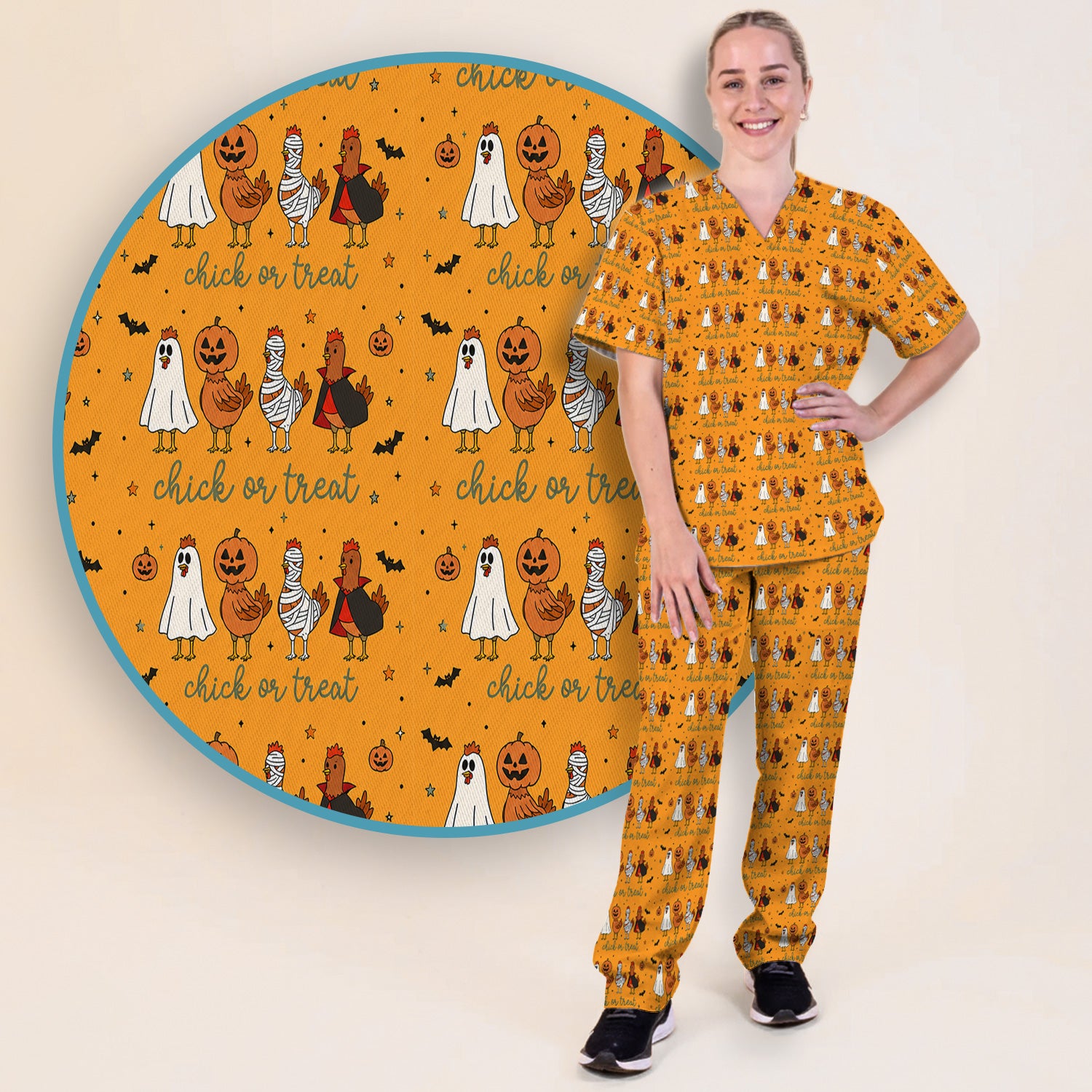 Funny Chick Or Treat Season Scrub Set, Scrub Pants and V Neck Top