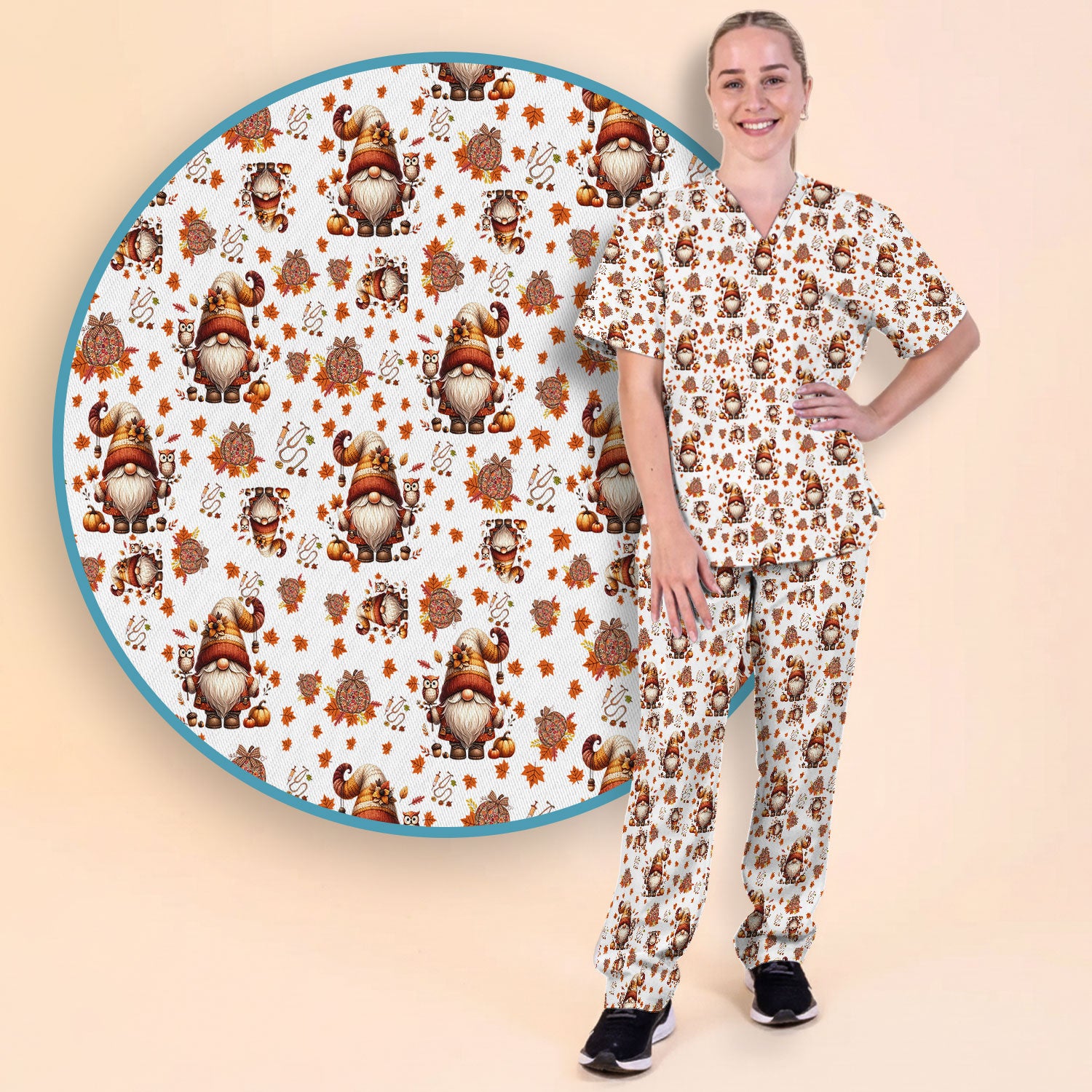 Fall Gnome Women's Scrub Sets - Autumn Leaves Pumpkin Scrub Pants and V Neck Top - Thanksgiving Nursing Uniform