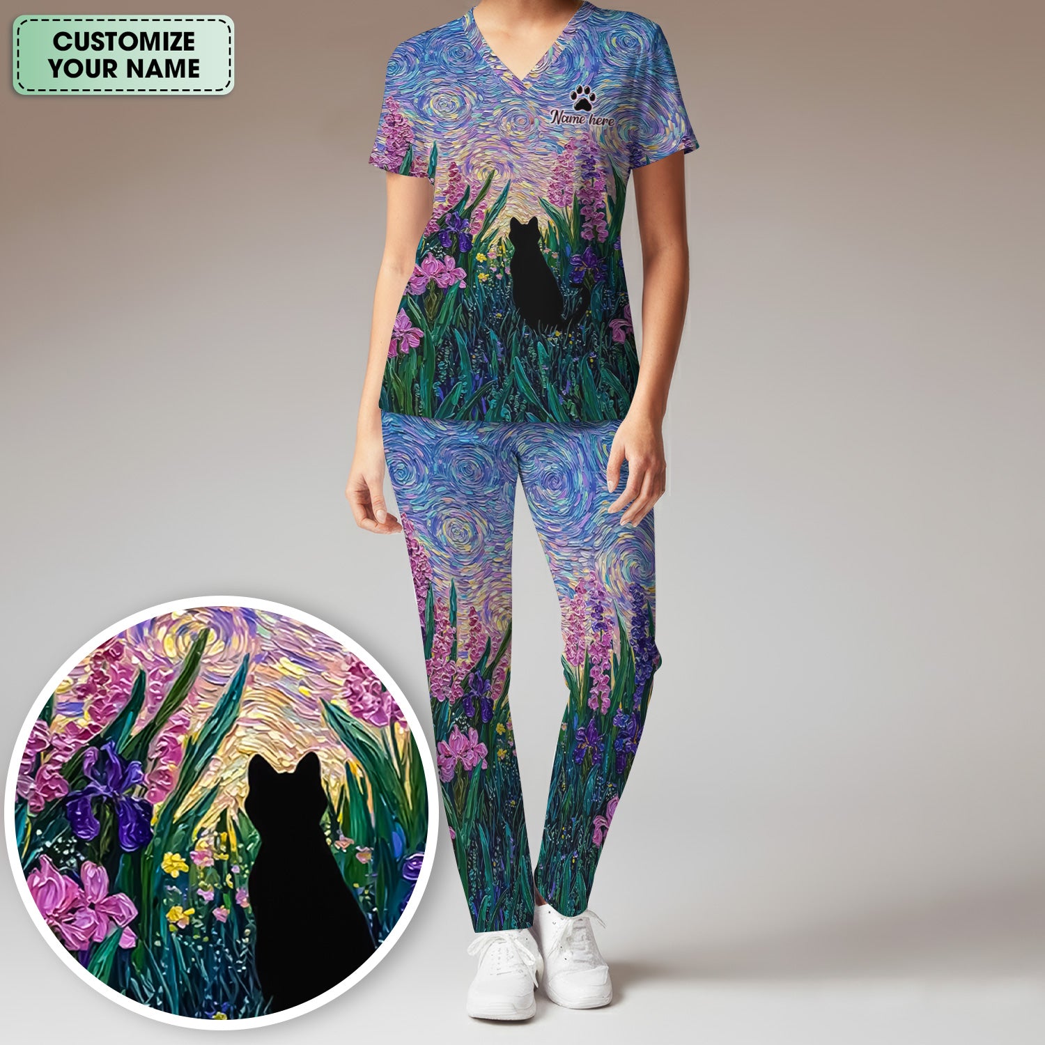 Cat Under Starry Sky Pattern Scrub Set, Scrub Pants and V Neck Top