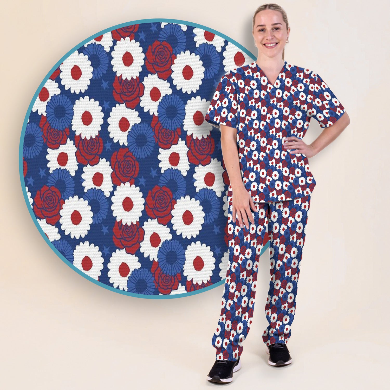 Daisy Rose Floral Pattern Scrub Set, Scrub Pants and V Neck Top