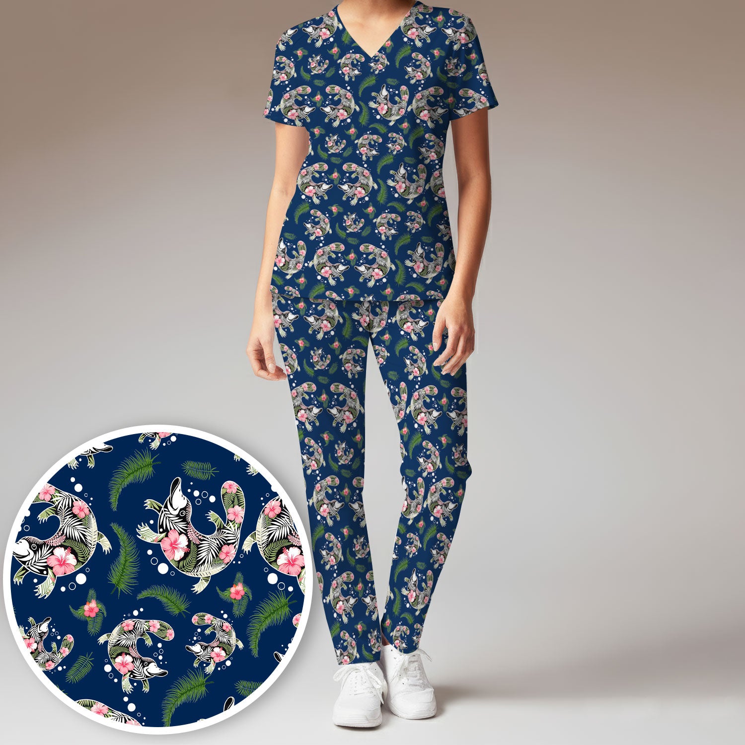 Cute Platypus Scrub Set, Tropical Floral Animal Pattern Nurse Shirt, Breathable Fabrics Nursing Uniform