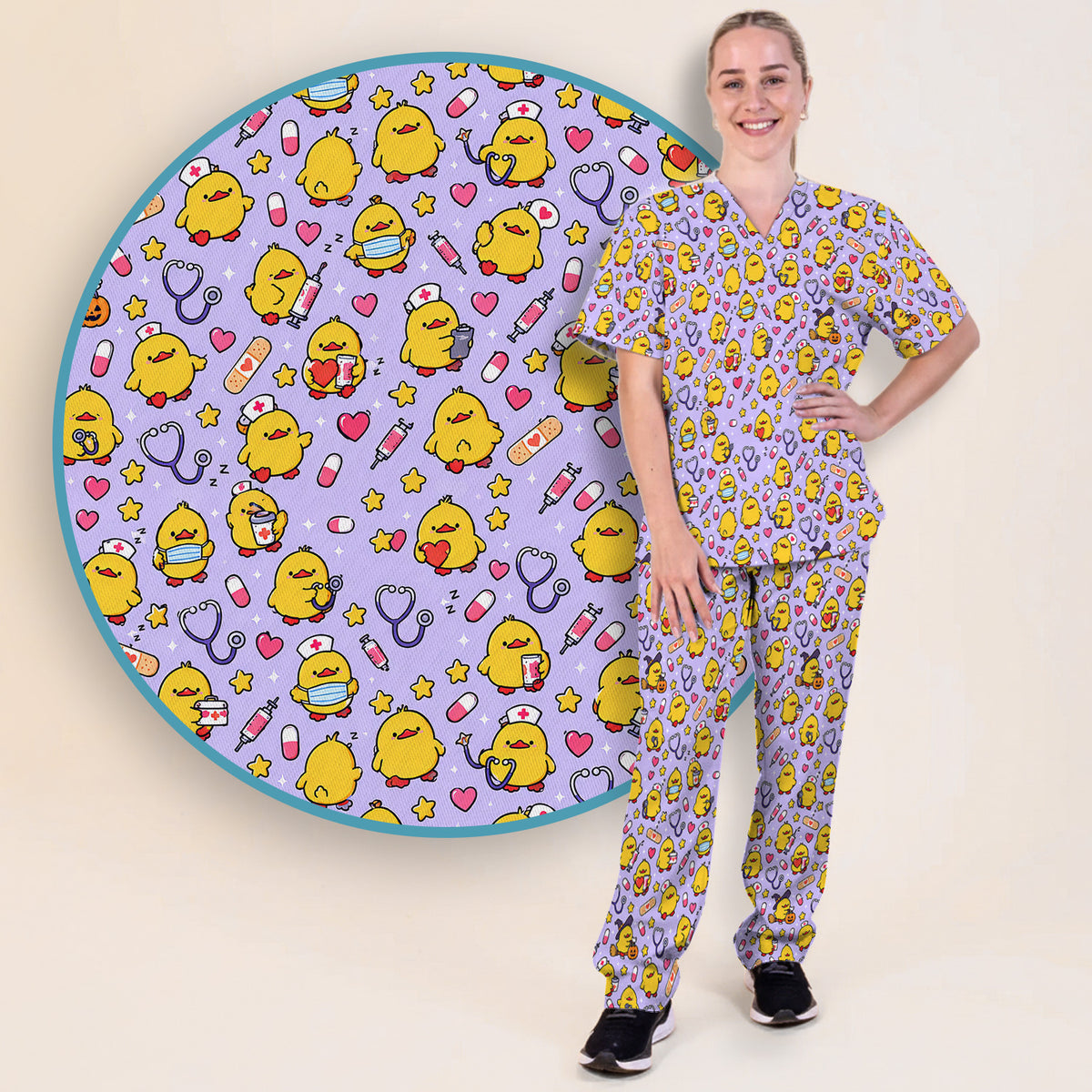 Buntes Kasack-Set mit Neon-Katzenköpfen, Schlupfhose und V-Ausschnitt-Oberteil