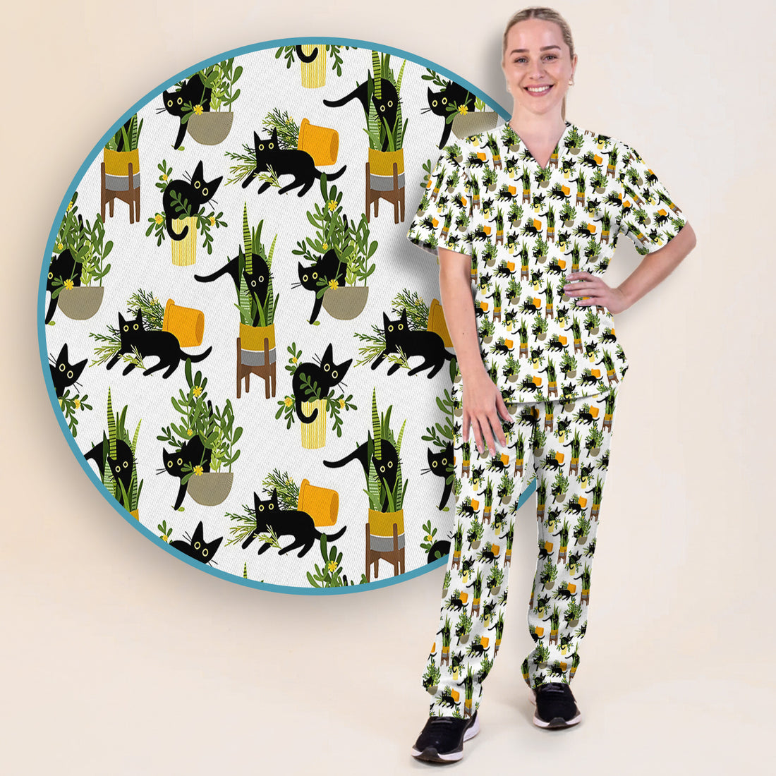 Black Cat Plant Pots Pattern Scrub Set, Scrub Pants and V Neck Top