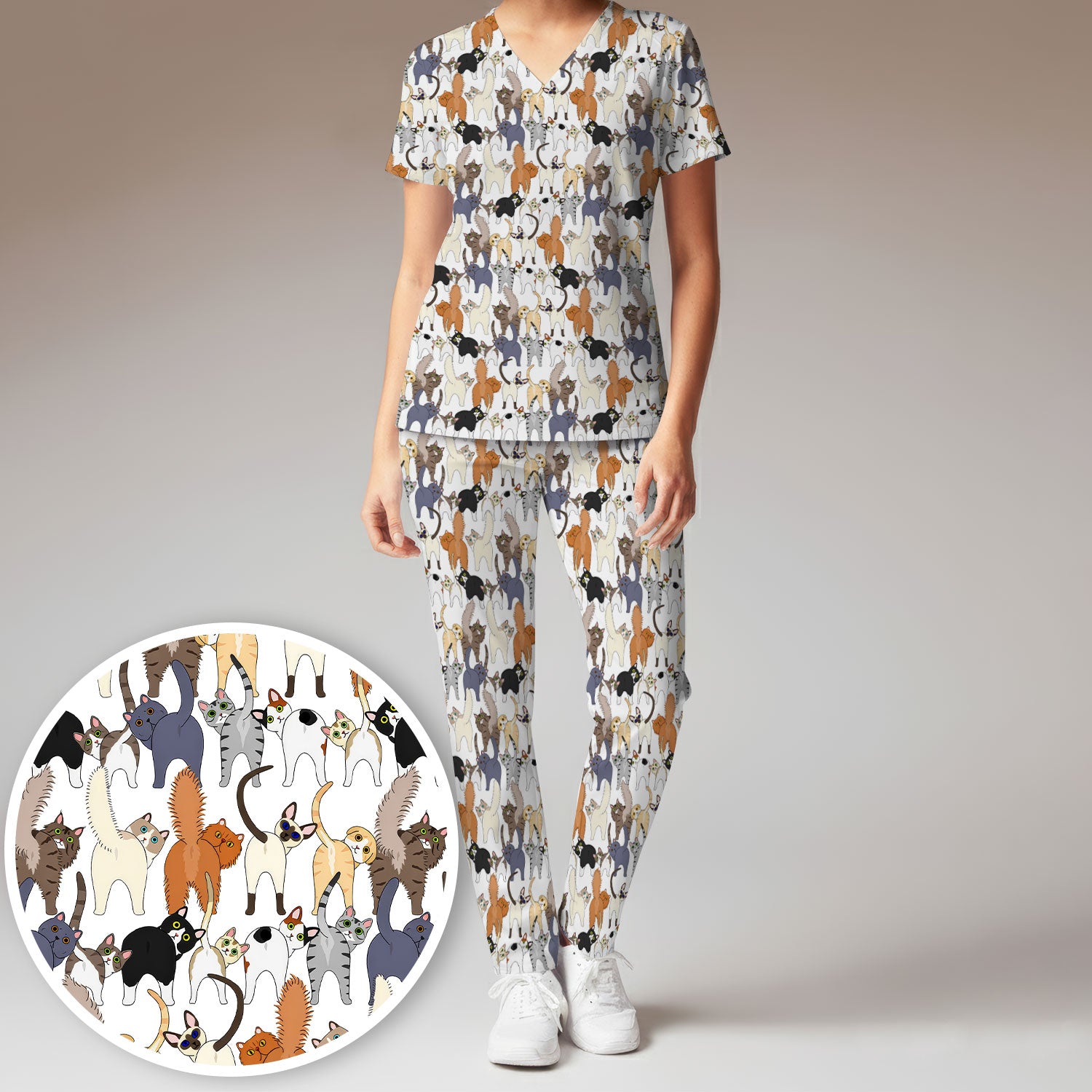 Whimsical Multicolor Cat Cartoon Pattern Scrub Set, Breathable Med Uniform