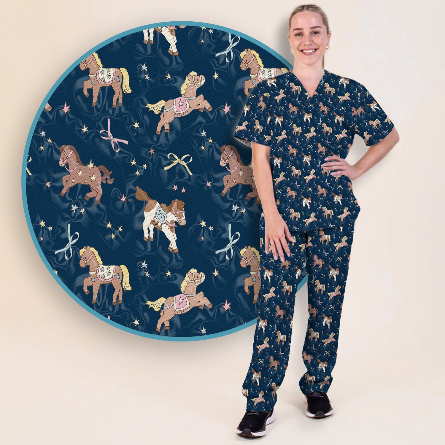 Cute Pony Star Pattern Scrub Set, Breathable Med Uniform