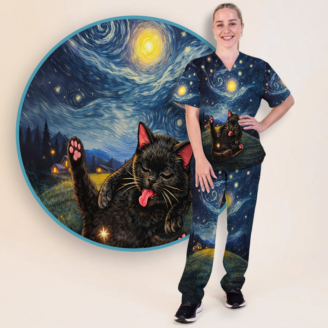Funny Black Cat Cosmic Night Sky Print Scrub Set, Scrub Pants and V Neck Top